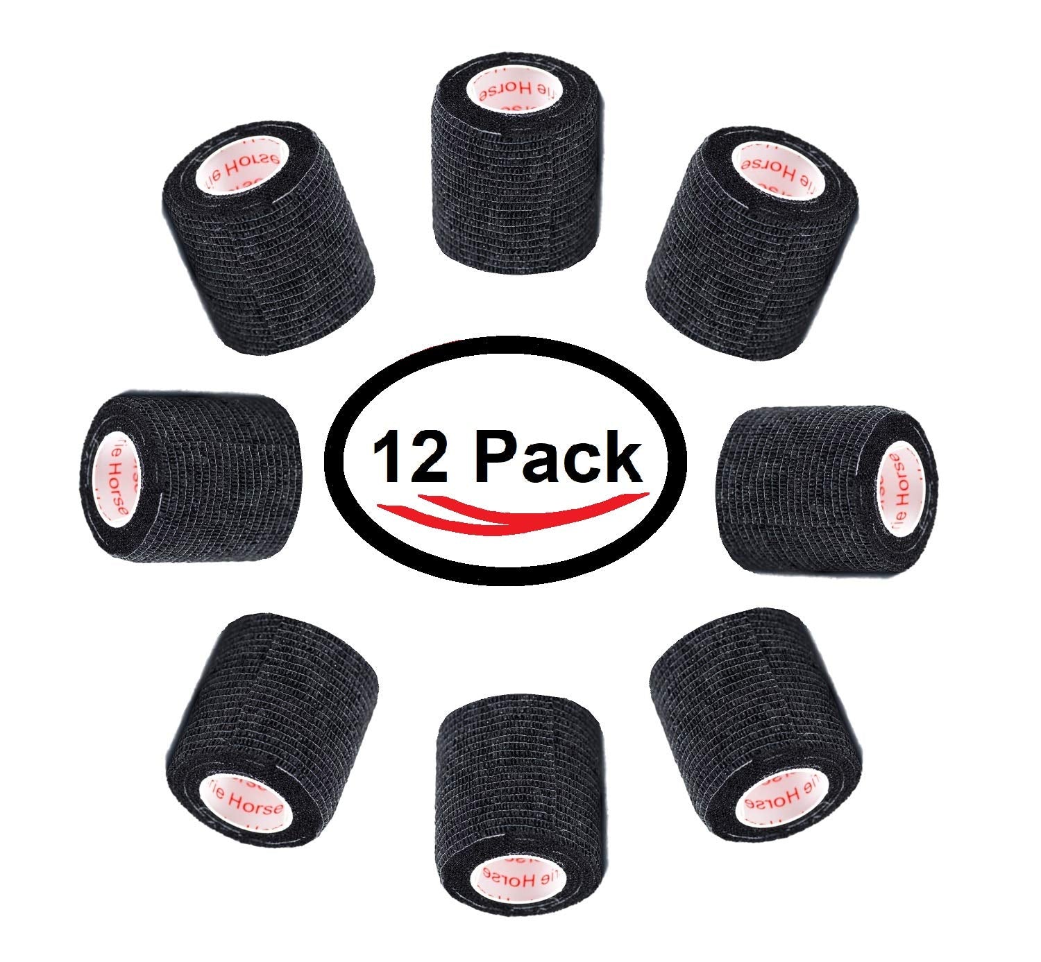 2 Inch Vet Wrap Tape Bulk (Black) (Pack of 12) Self Adhesive Adherent Adhering Flex Bandage Grip Roll for Dog Cat Pet Horse