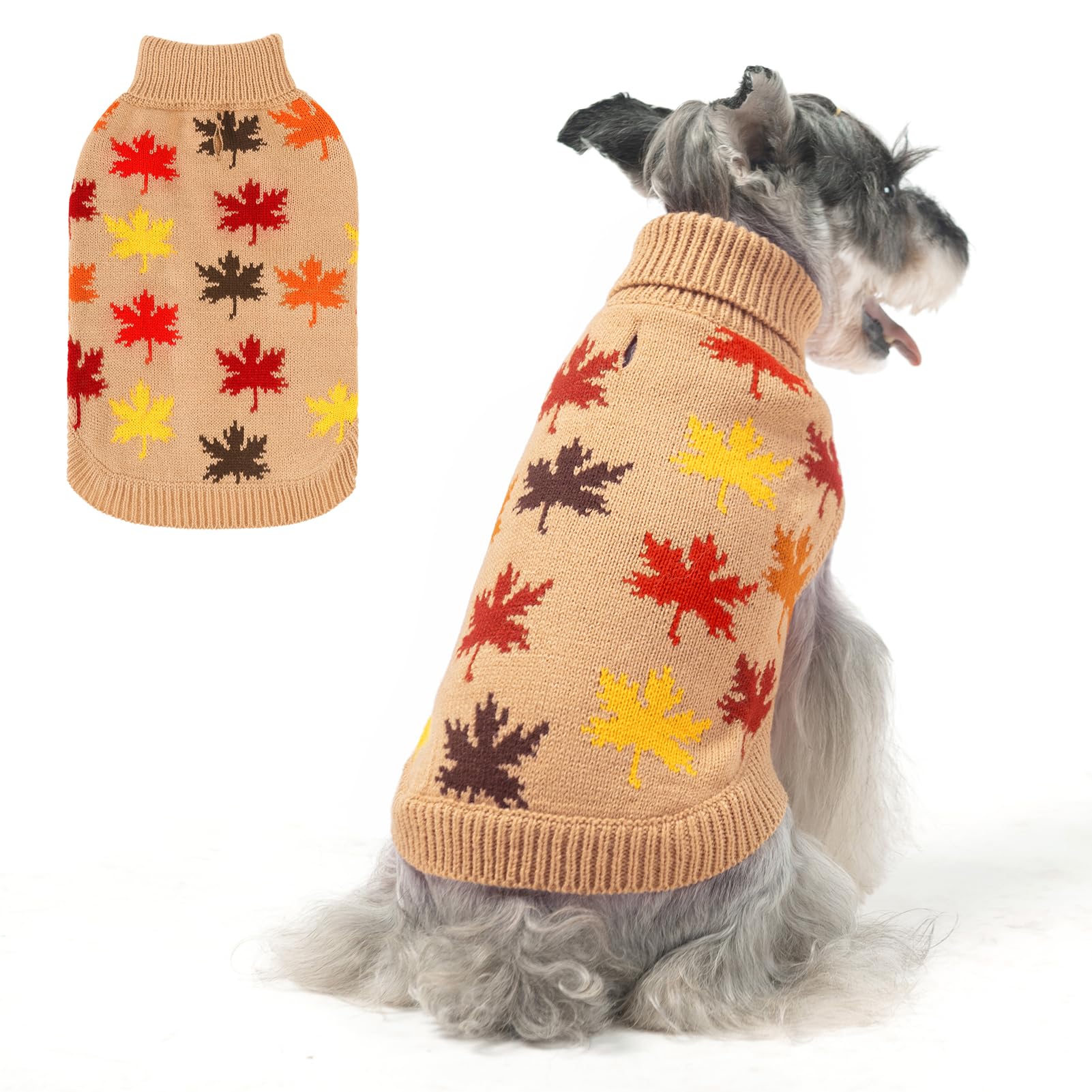 Beautyzoo Fall Sweater - Small Dog Sweaters For Girls & Boys, Turtleneck Knitwear In Cold Weather, Maple Leaf Cable Knit Puppy P