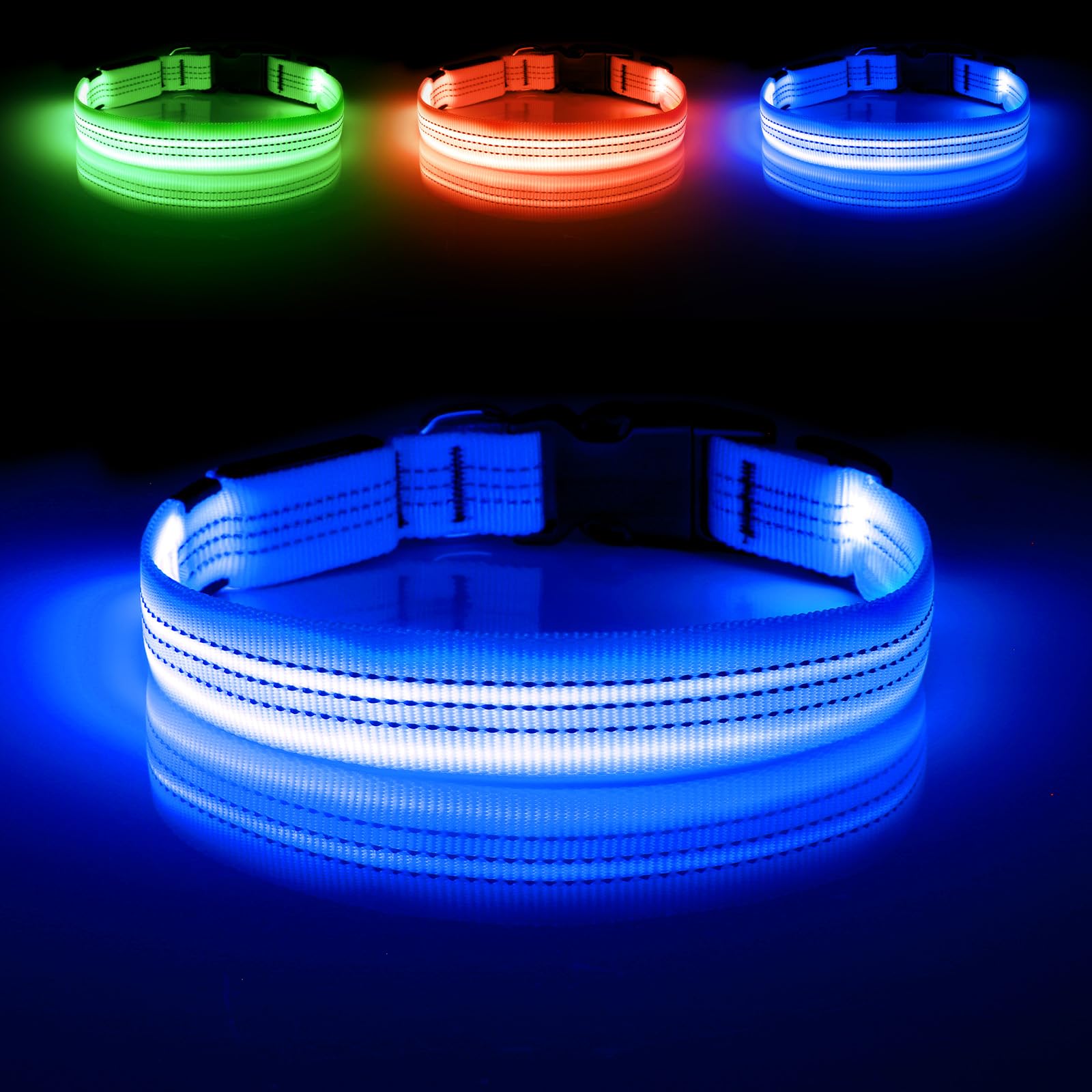 Illumifun Light Up Dog Collar, Usb Rechargeable Led Dog Collars, Reflective Safety Collar Light For Your Dogs Walking At Night (Blueⅲ, Large)