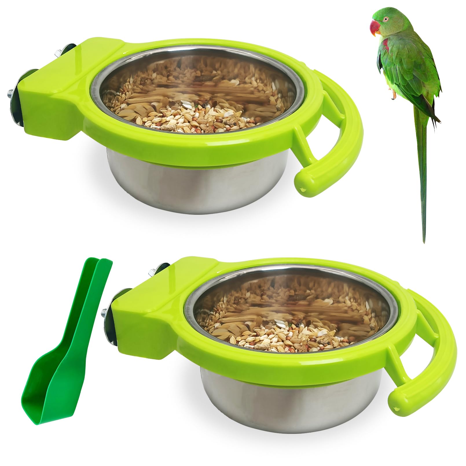 BNOSDM 2 PCS Stainless Steel Bird Bowls Bird Feeding Dish Water Cups Perch Stand Hanging Parakeet Food Container Food and Water 