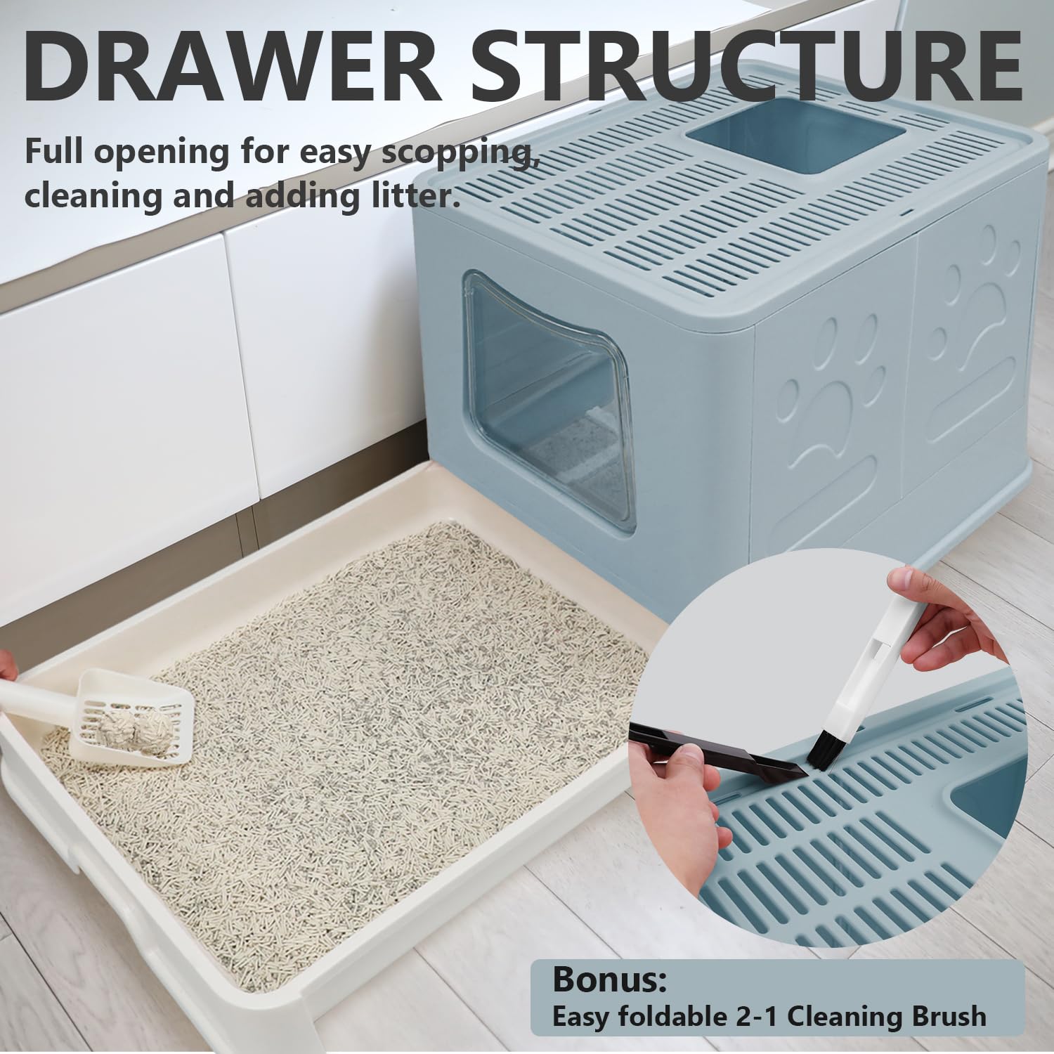 Foldable Xl Cat Litter Box With Lid, Jumbo Enclosed Cat Potty, Top Entry Anti-Splashing Cat Toilet, Easy To Clean Including Cat Litter Scoop And 2-1 Cleaning Brush (Blue) Extra Large