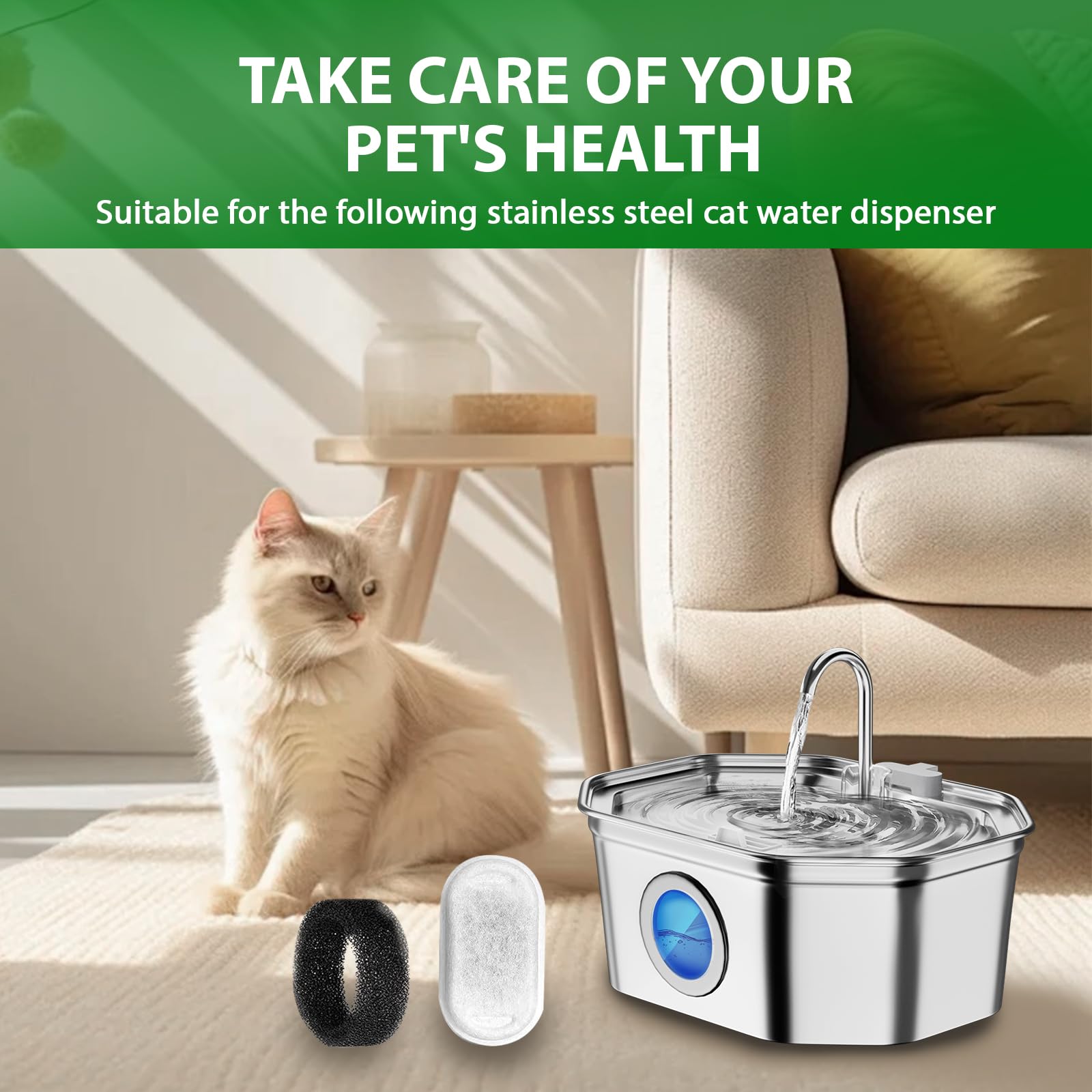 Cat Water Fountain Filters, Apauk 8 Pack Replacement Filters & Sponges For Stainless Steel 108Oz/3.2L Automatic Pet Fountain For