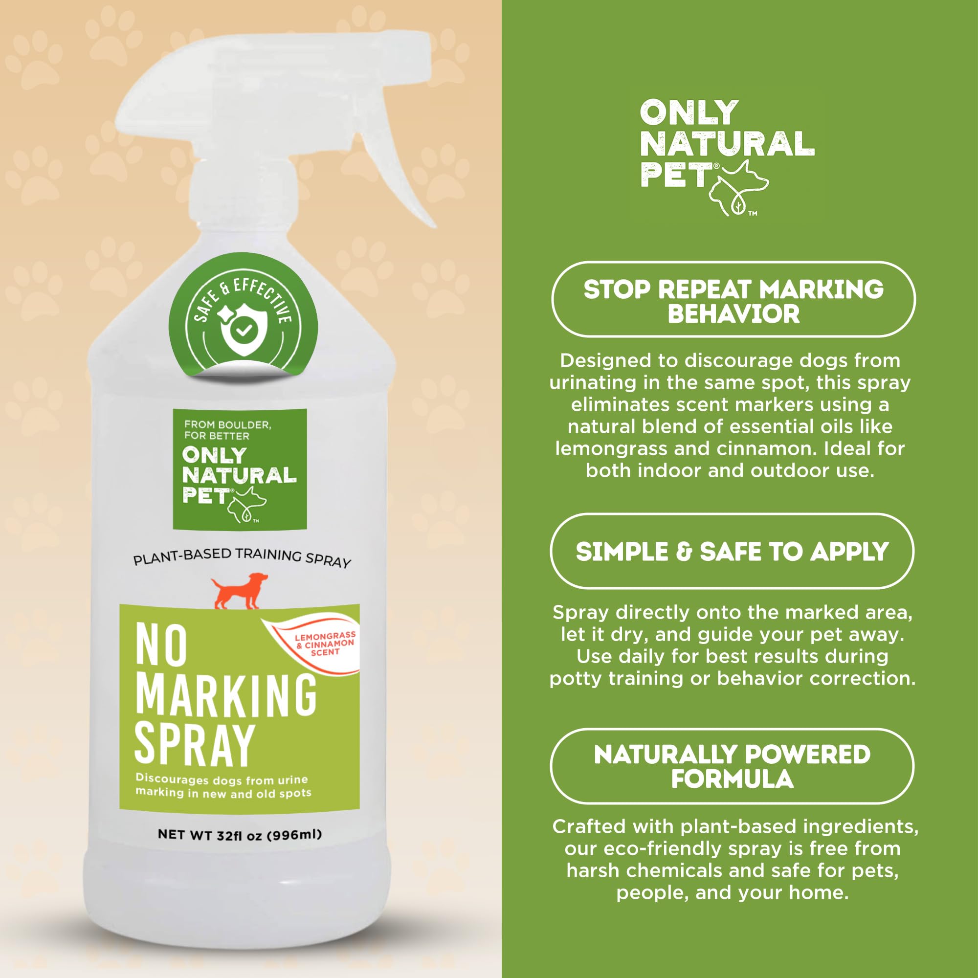 Only Natural Pet No Marking Deterrent Spray For Dogs - Indoor Outdoor Urine Prevention - Stain & Odor Eliminator - Potty Pet Tra
