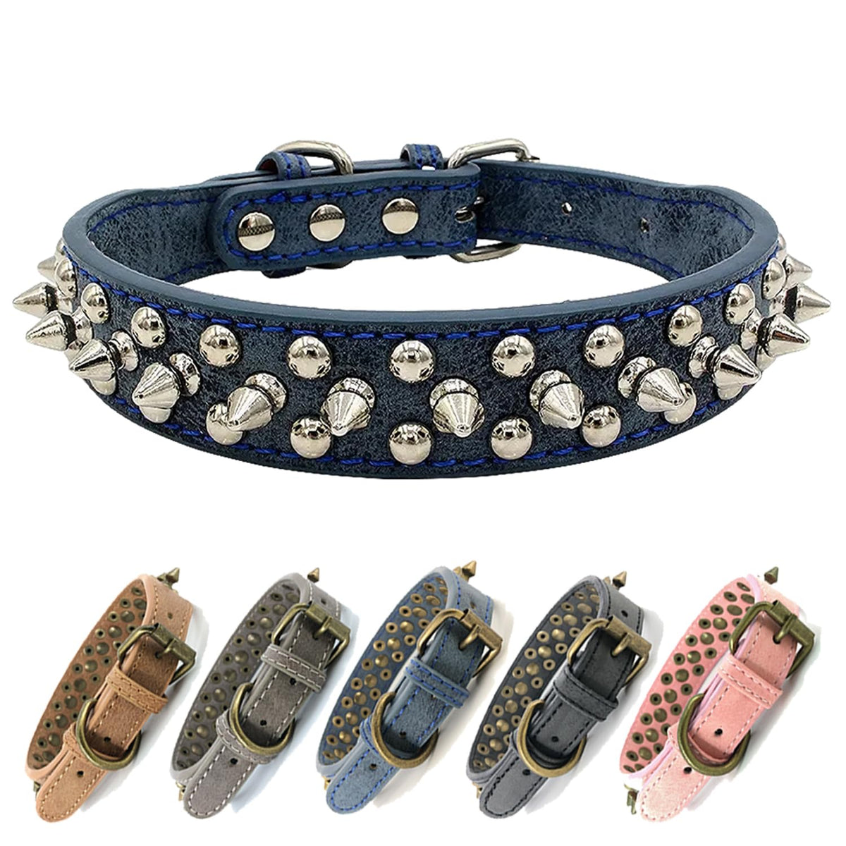 Spiked Studded Dog Collar-Chrome Round Stud Anti-Bite Collar (Blue,M)