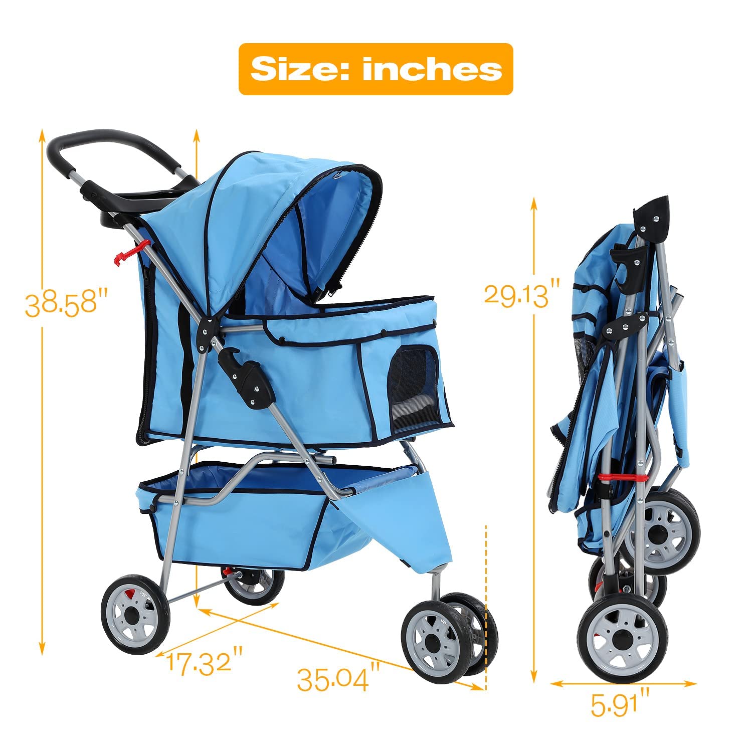 Hcy Folding Dog Stroller, 3 Wheels Pet Strollers Pet Gear For Small Medium Cats Dogs Puppy With Storage Basket, Cup Holder,Lightweight Blue 35.04Inchx17.32Inchx38.58Inch