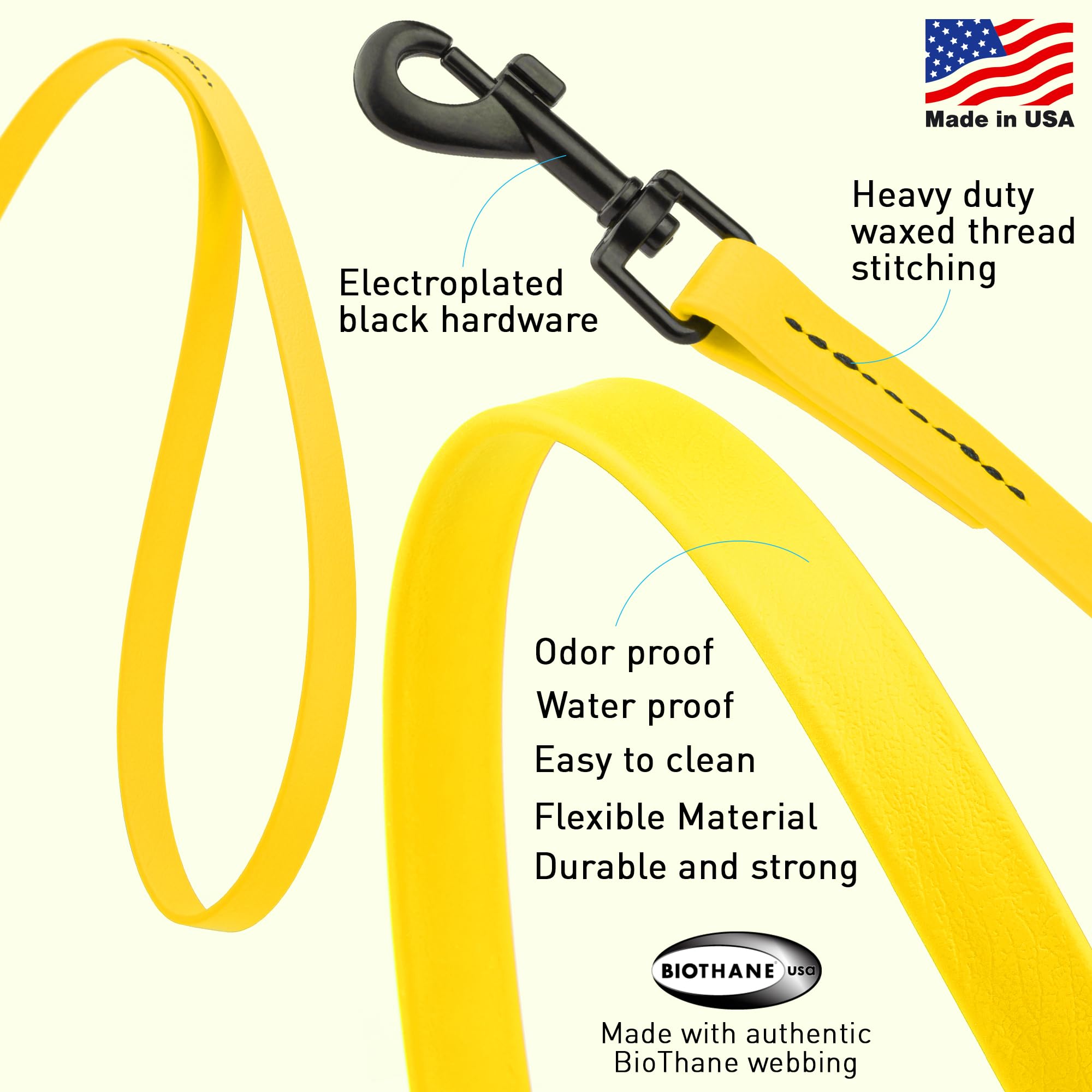 Dogline Biothane Waterproof 4ft Dog Leash Strong Coated Nylon Webbing with Black Hardware Odor-Proof Easy to Clean High Performa