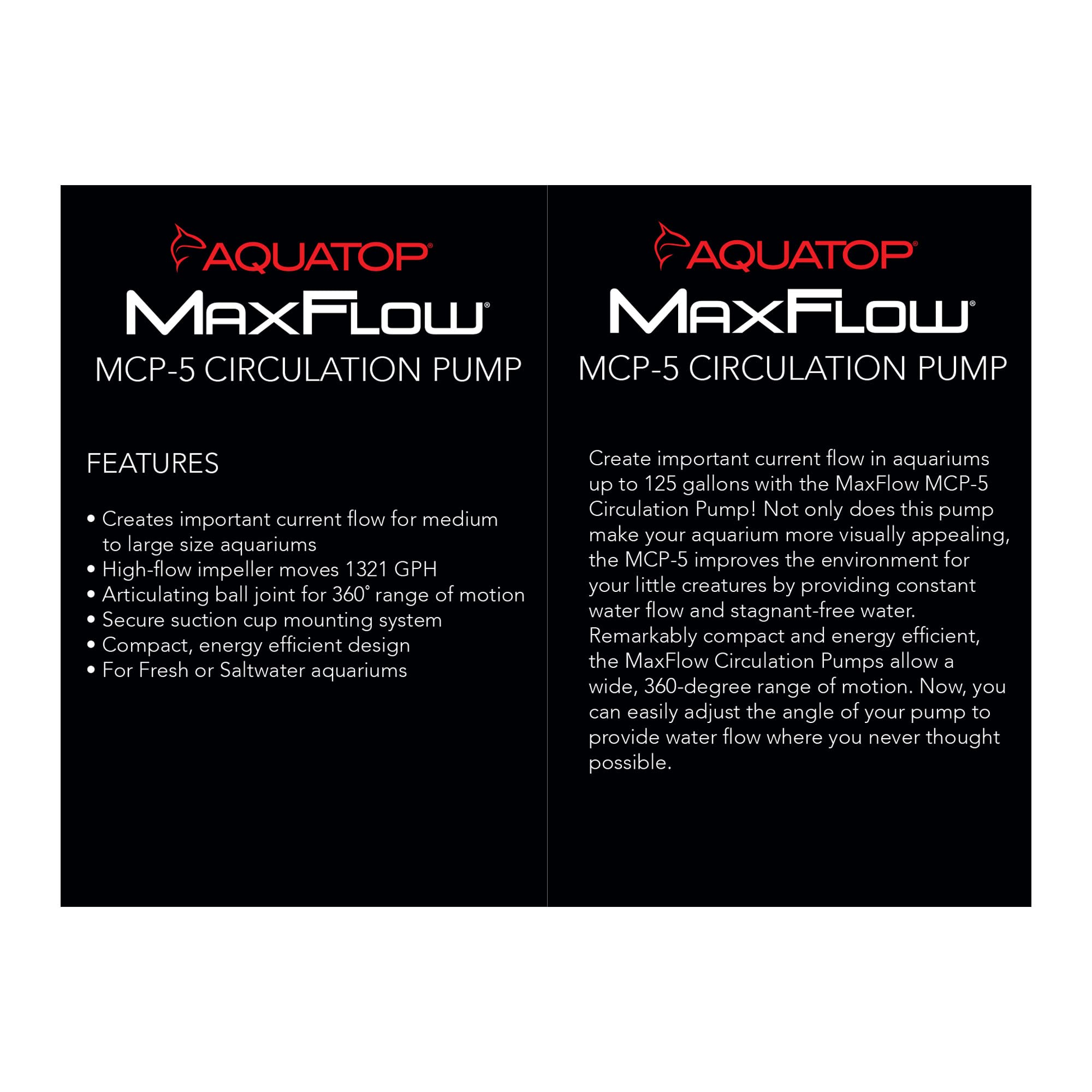 Aquatop Maxflow Aquarium Circulation Pump 1,321Gph For Fish Tanks 50 To 125 Gallons, Mcp-5