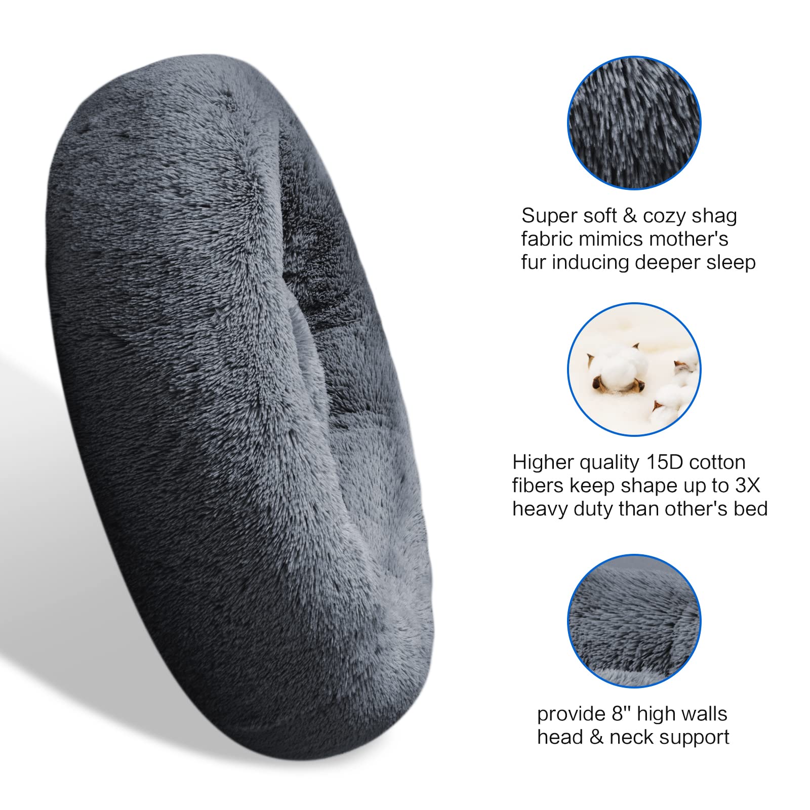 SAVFOX Calming Dog Bed, Plush Faux Fur, Dark Grey, Small 23"x23", Anti-Anxiety Cuddler, Washable, Perfect for Small Dogs