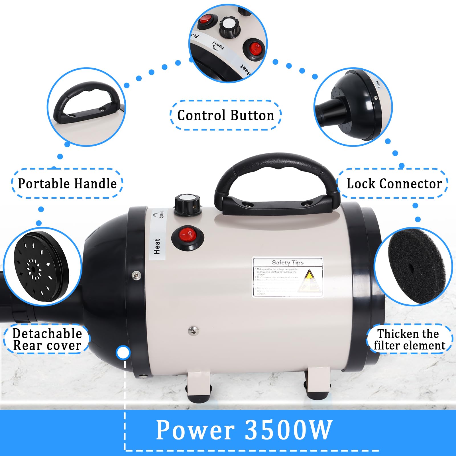 Hoqqf Dog Dryer for Large Dogs, 5.2HP High Velocity, Beige, Adjustable Temperature, 4 Nozzles, Ideal for Grooming