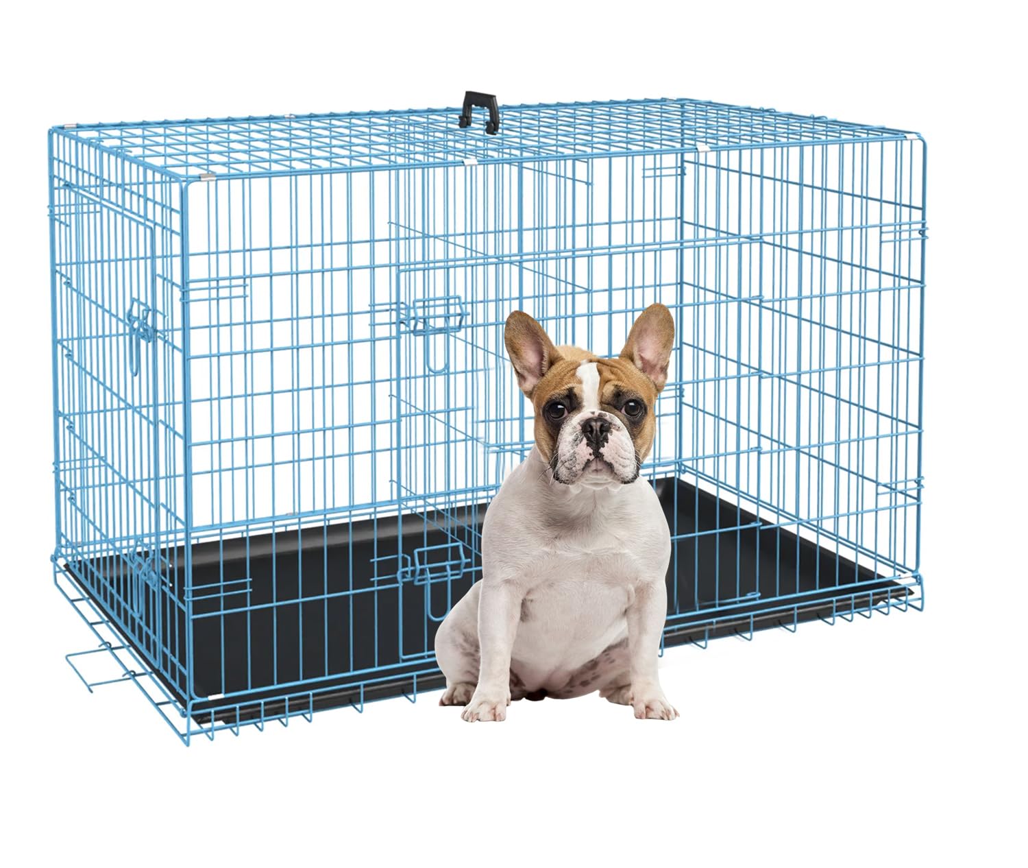 Biqwbic Medium Dog Crate, 30 Inch, Blue, Heavy Duty Steel Wire Folding Dog Cage With Removable Trays, Double-Door, Divider Panel