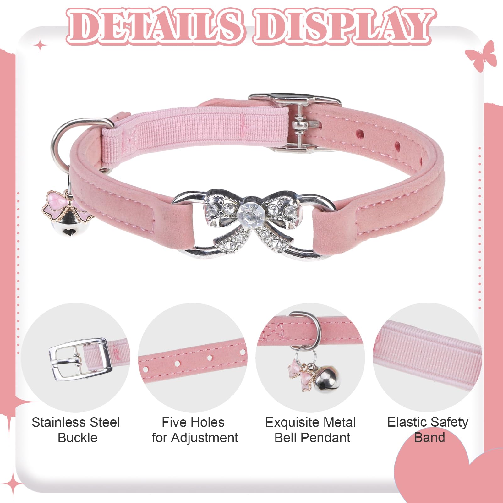 Bingpet Bling Cat Collar With Bells And Safety Belt,Adjustable Soft Velvet Kitten Collar With Diamond Bow,Cute Pink Cat Collars