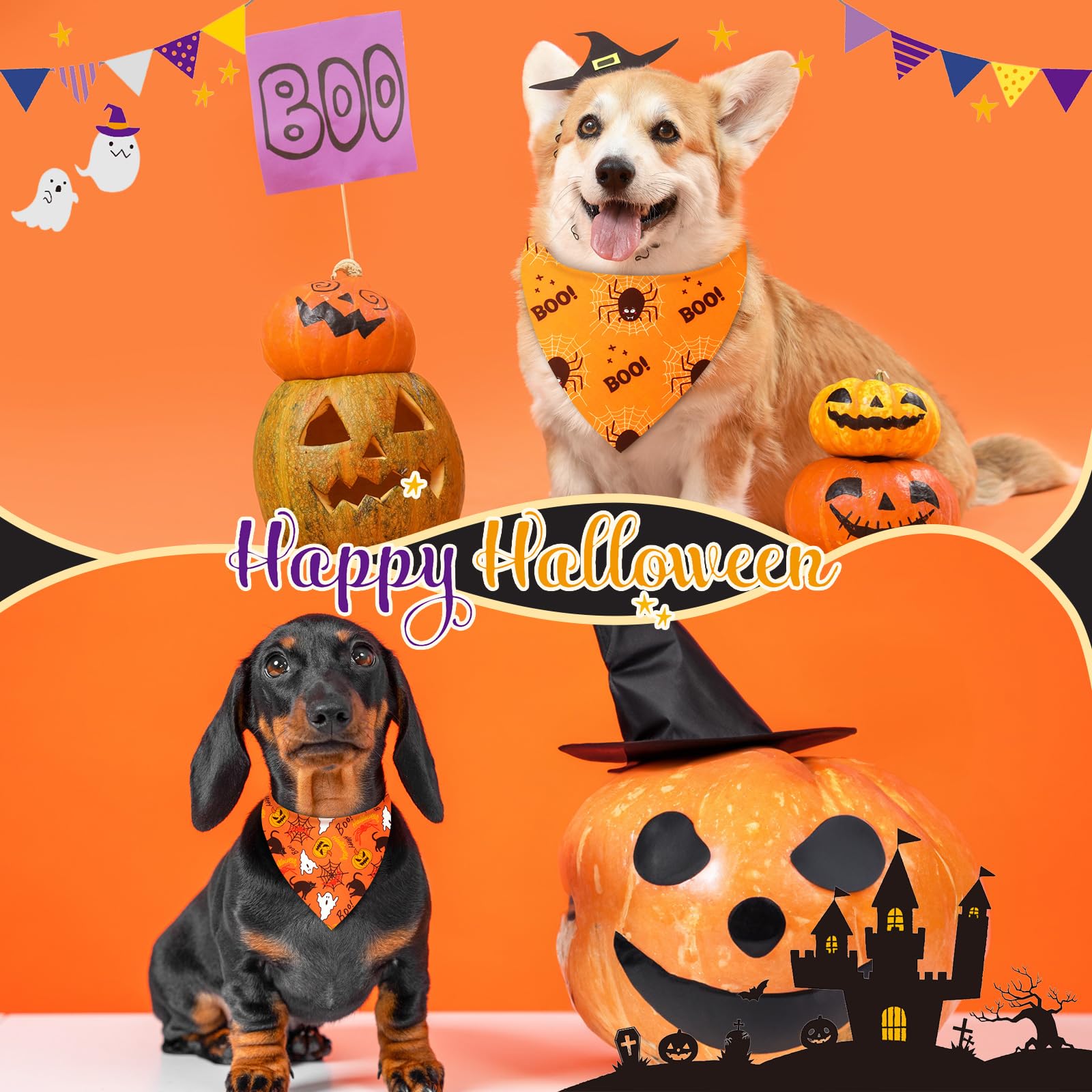 Weewooday 50 Pcs Halloween Dog Bandanas Bulk Pumpkin Ghost Bandanas for Dogs Soft Triangle Bibs Adjustable Triangle for Small Me