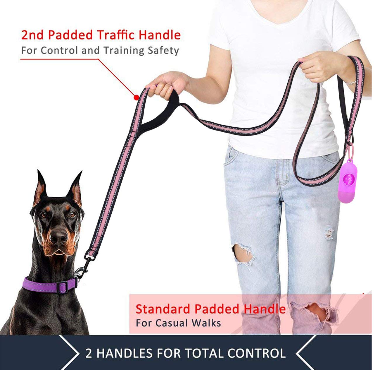 Jsxd Dog Leash,5 Ft Heavy Duty Double Handle Dog Leash With Comfortable Padded And Reflective,Rope Dog Leashes For Small,Medium,