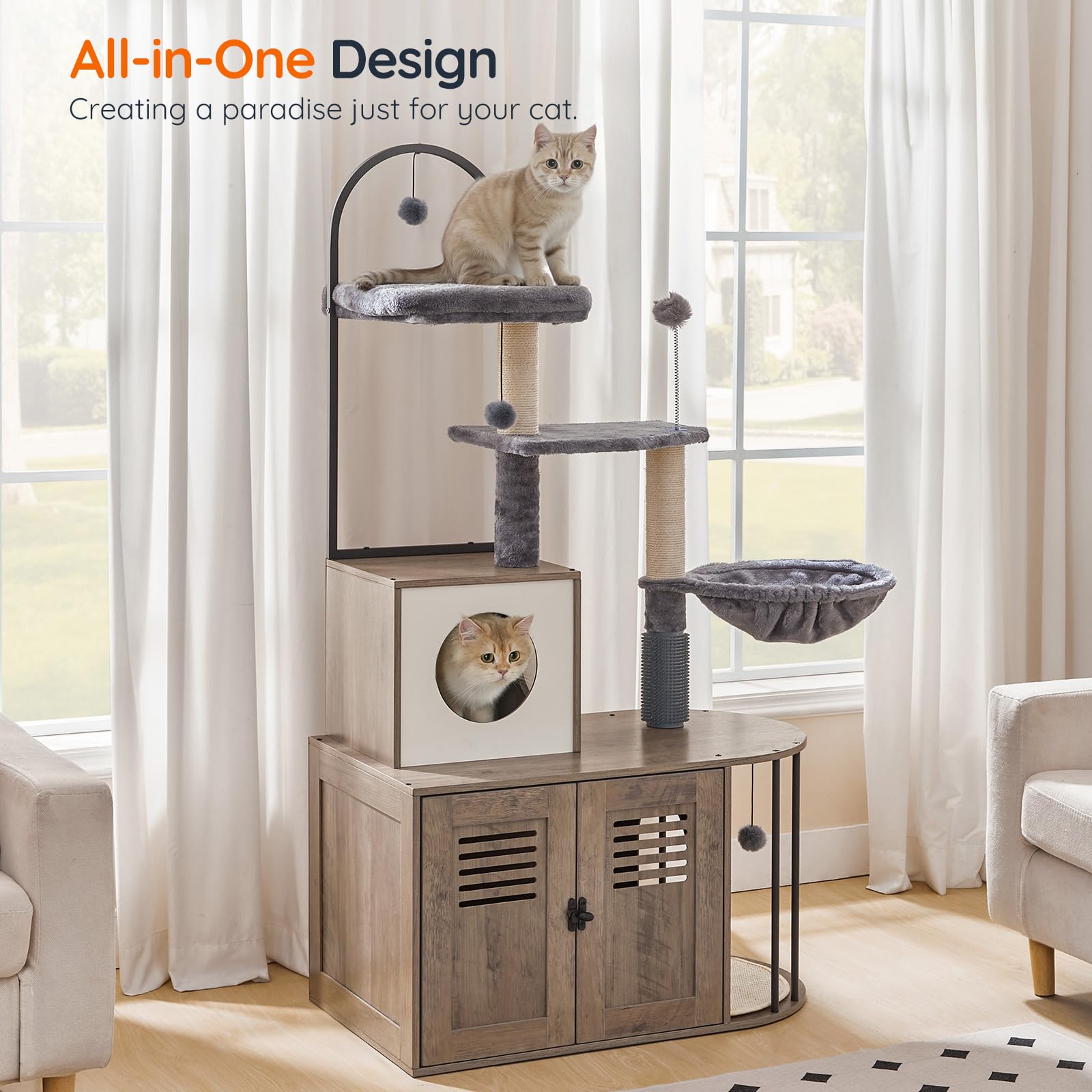 Hoobro Cat Tree With Litter Box Enclosure, Arched All-In-One 31.5' Cat Tower With Hidden Litter Box Furniture For Indoor Cats,
