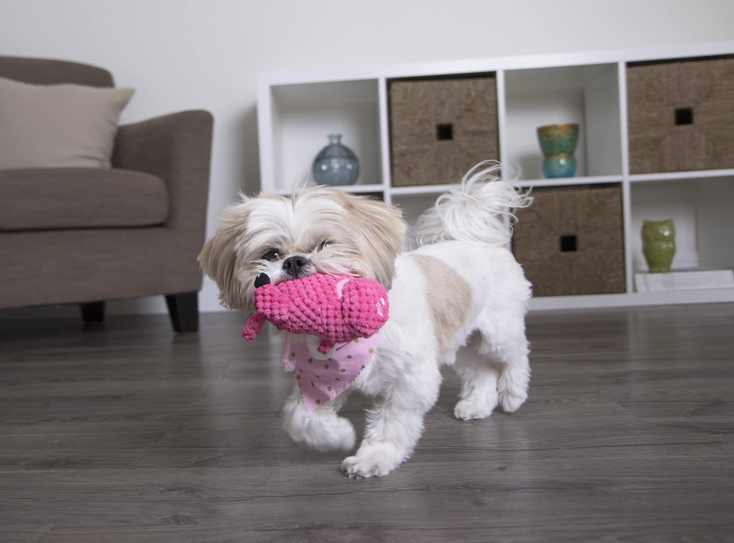 Godog Just For Me Flying Pig Checkers With Chew Guard Technology Tough Plush Dog Toy, Pink, Small