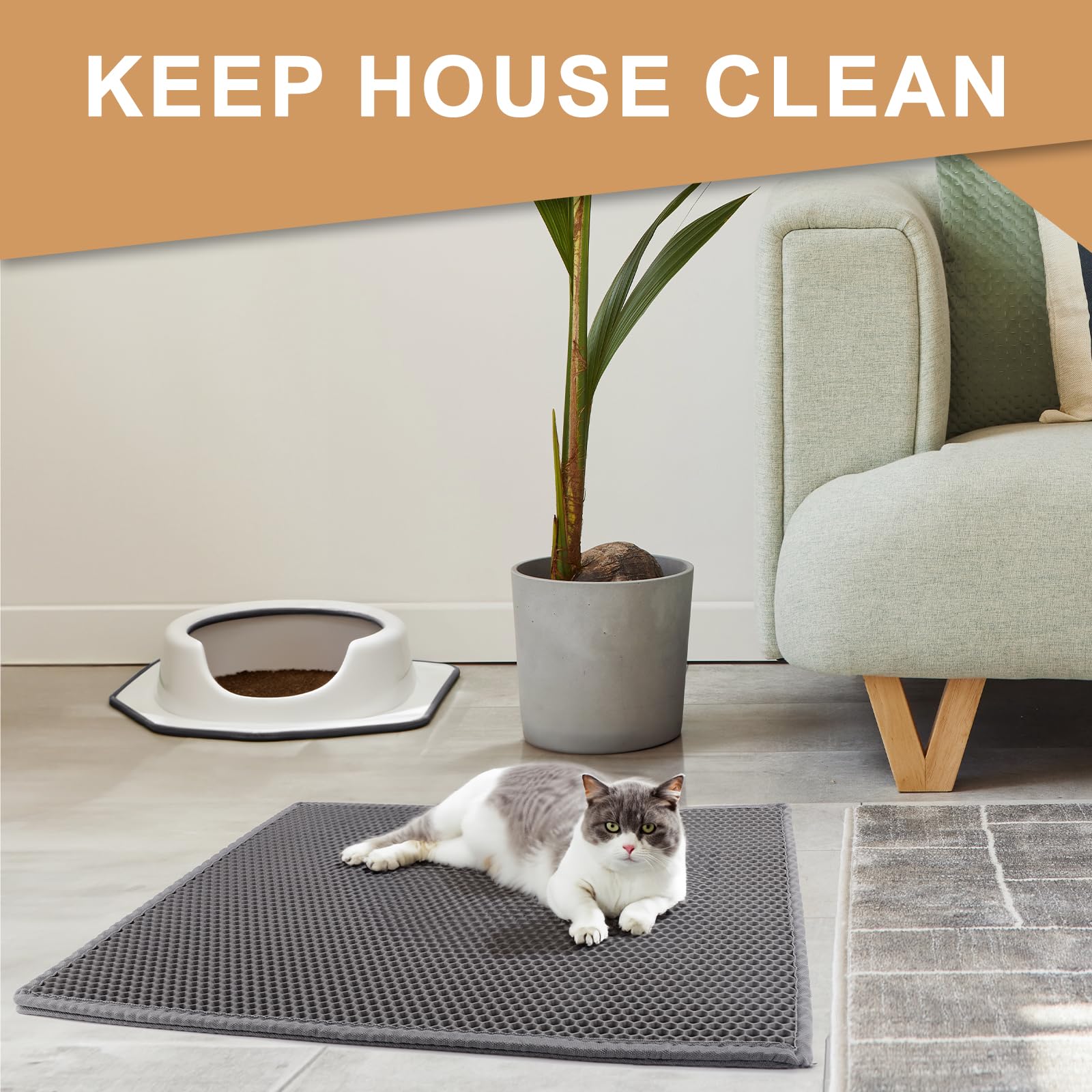 Garoopion Cat Litter Box Mat, Large 30' X 24' Eva Litter Trapping Mat, Double Layer Honeycomb Holes Scatter Control, Gray
