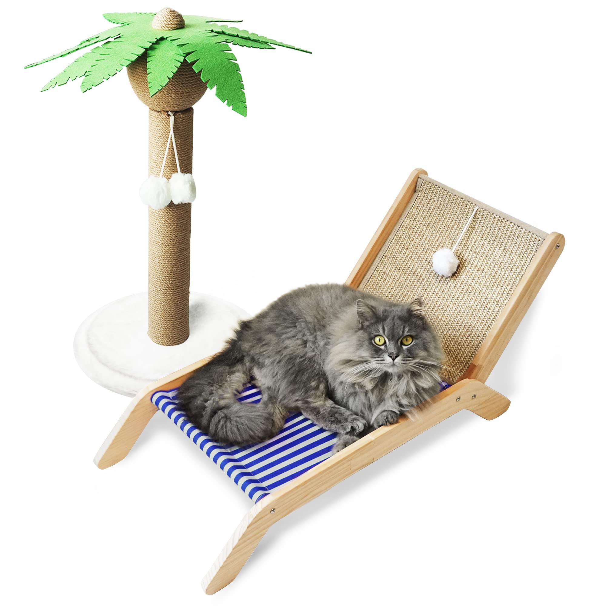 Petkaray Cat Hammock With Coconut Palm Tree Scratching Post, Cozy Beach Chair Elevated Cat Beds, Original Cat Lounger For Indoor Cats