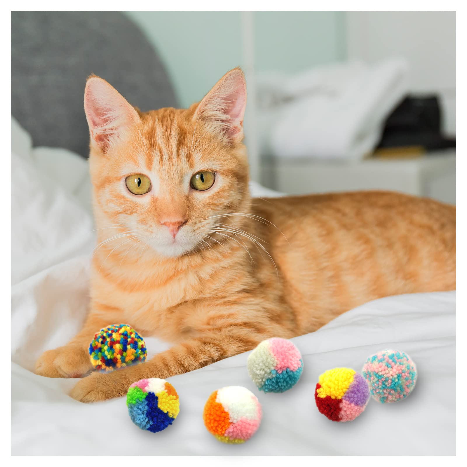 Andiker 6 Pcs Assorted Color Cat Ball Toys, Woolen Yarn Puffs Cat Pom Pom Balls Interactive Kitten Chasing Toys