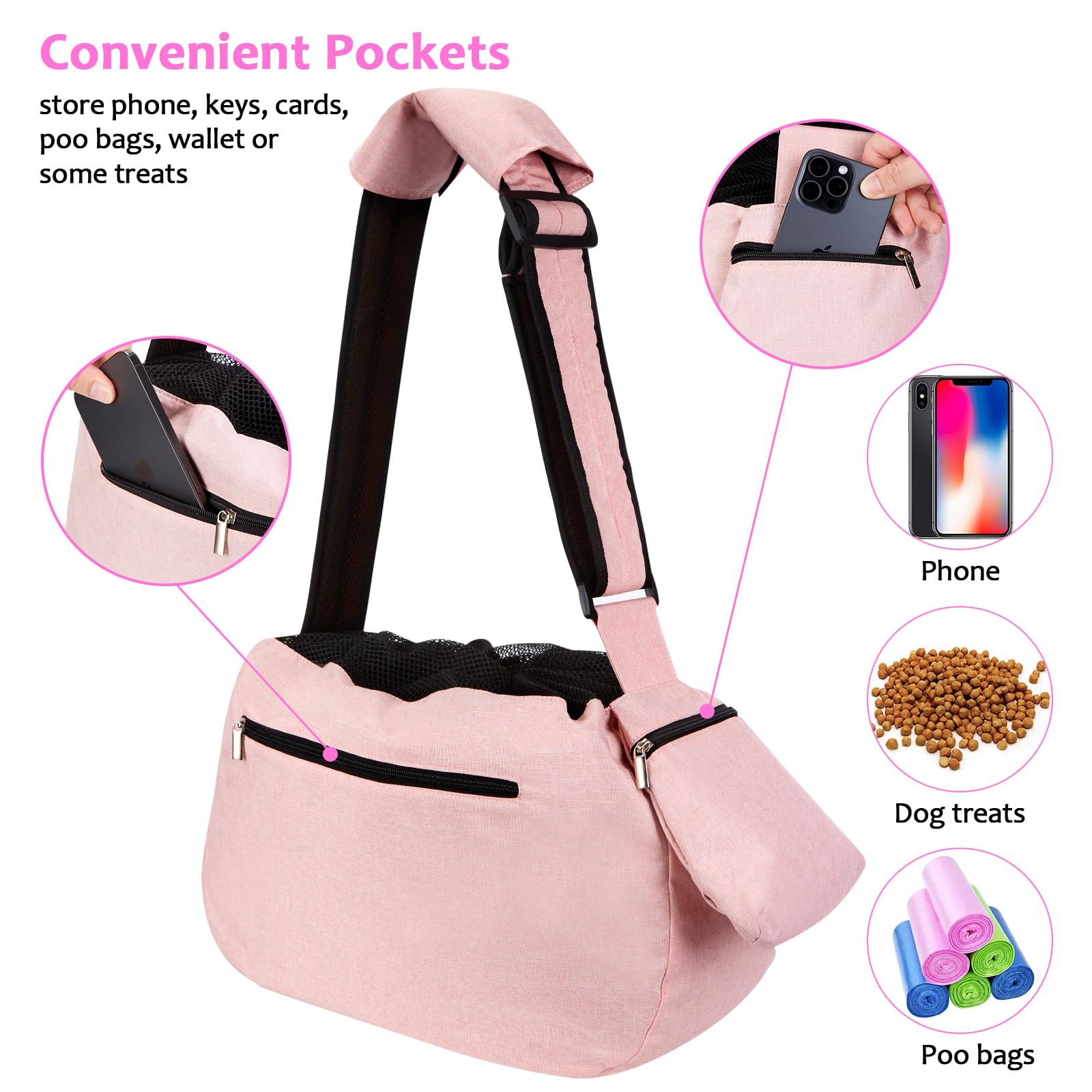 Ownpets Adjustable Pet Dog Sling Carrier Bag, Padded Strap, Mesh, Large, Pink - Model PET0135-US for Small Medium Dogs & Cats
