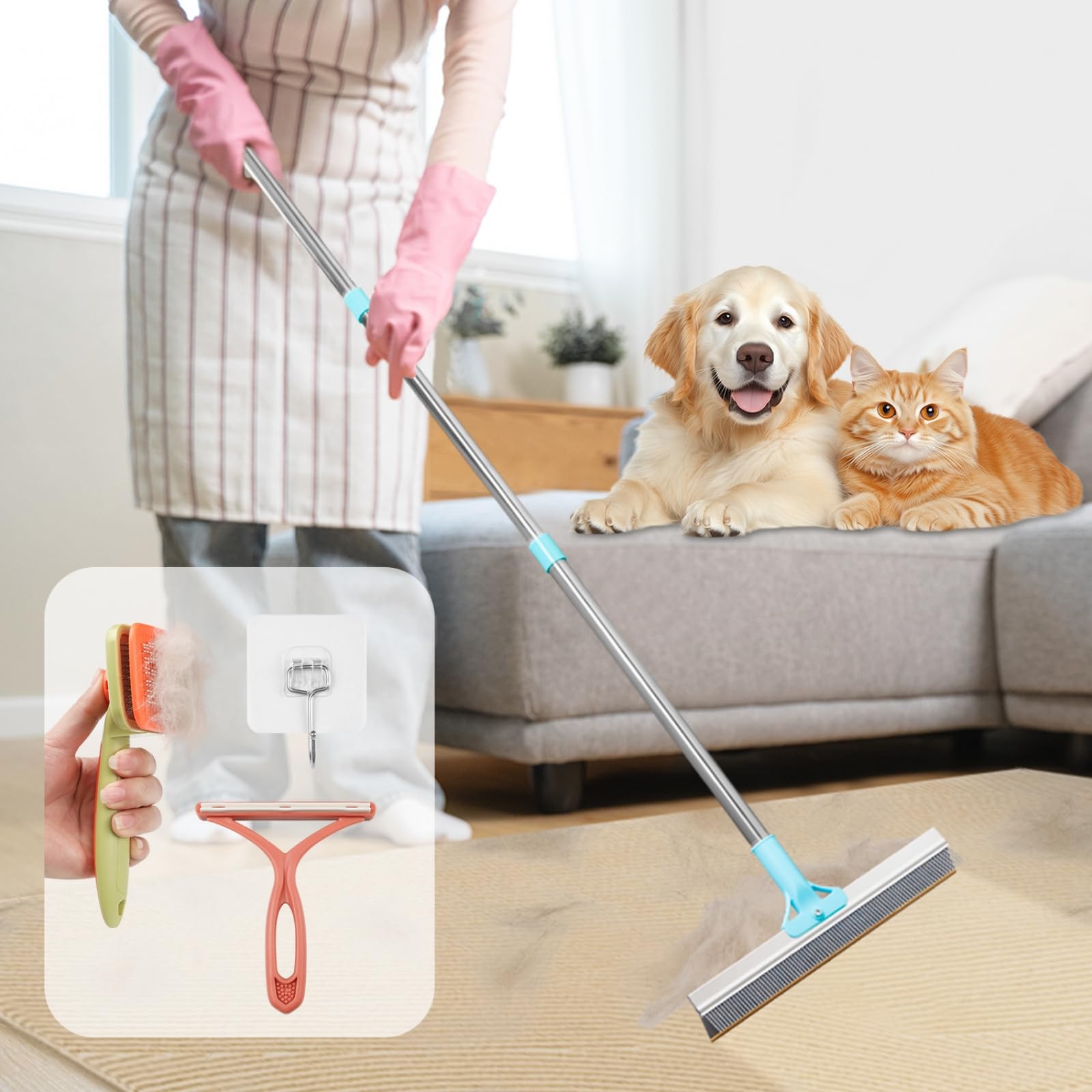 neatevday 2 in 1 Carpet Rake for Pet Hair Removal with 54'' Adjustable Handle, Reusable Pet Hair Removal Broom, Multi-Functional