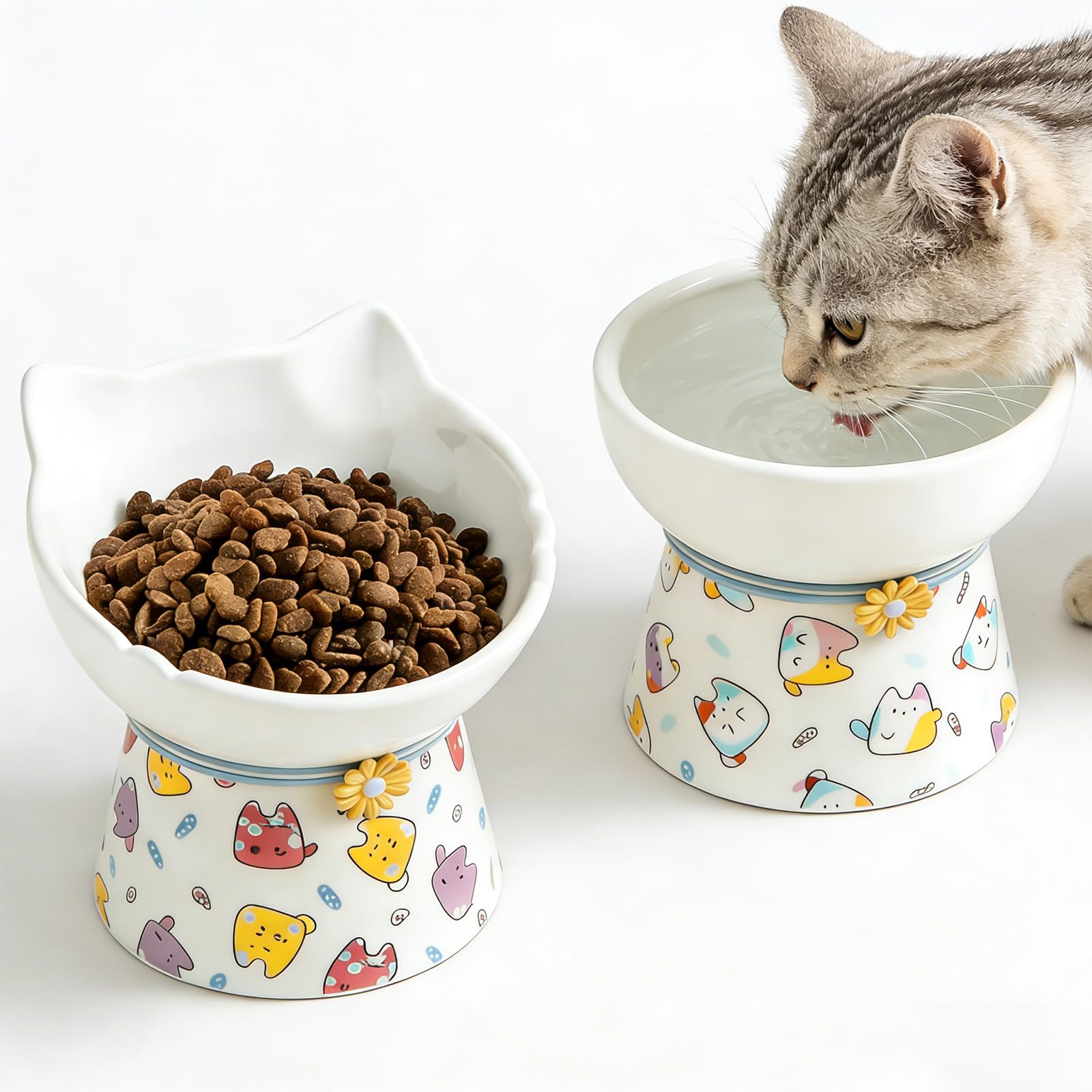 Elevated Ceramic Cat Bowls, 15Raised Cat Food Bowl, Whisker Friendly Anti Vomiting Cats Dishes, Anti Vomiting & Protect Pets Sp