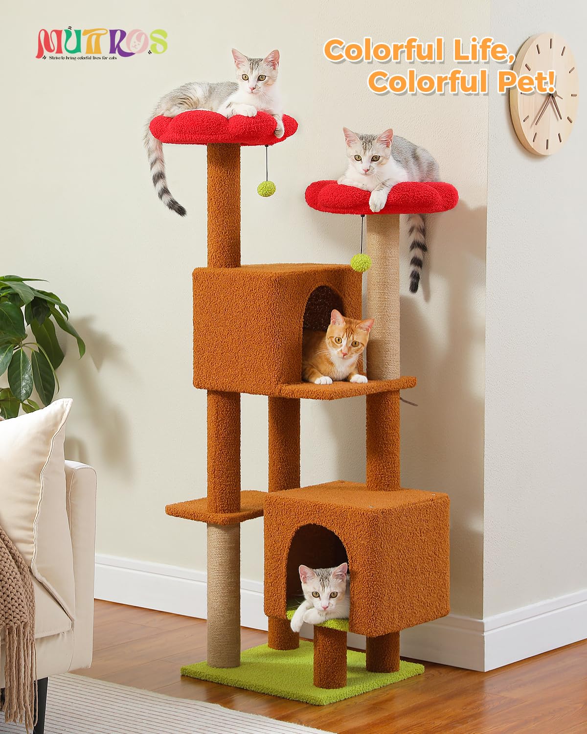 Muttros Flower Cat Tree, 52.4'' Cat Tree Tower For Indoor Cats, Cute Cat Tree With 2 Flower Padded Perches, 2 Condos & 2 Scratch