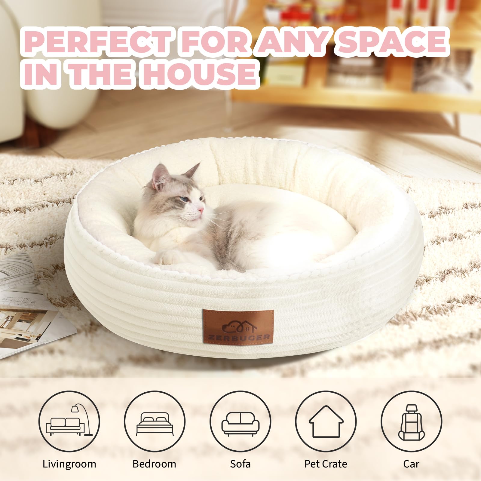 Zerbuger 23In Cream Round Cat Dog Bed Gift For Large Medium Small Dogs Cats, Machine Washable Sleeping Sofa, Non-Slip Bottom Bre