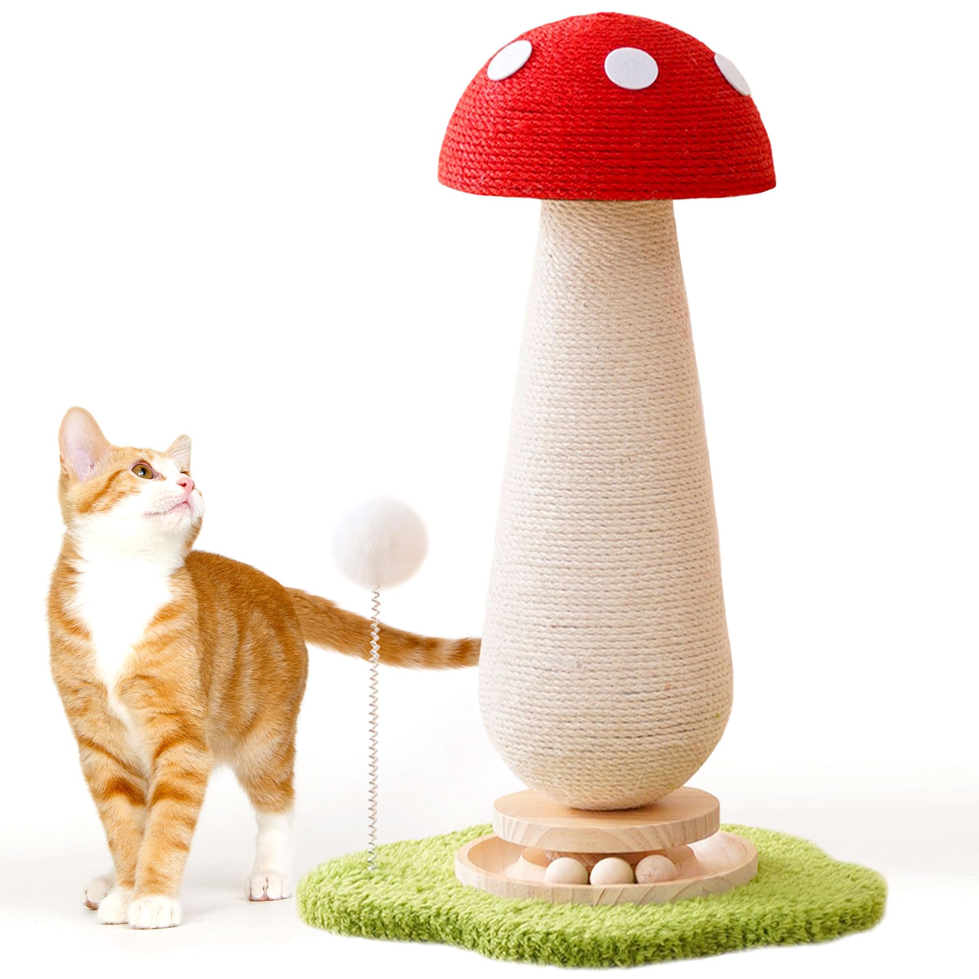 21.5 H Cat Scratching Post With Catnip,Cute Mushroom Cat Scratcher Post With Durable Natural Wooden Turntable Toy,Mushroom Shape
