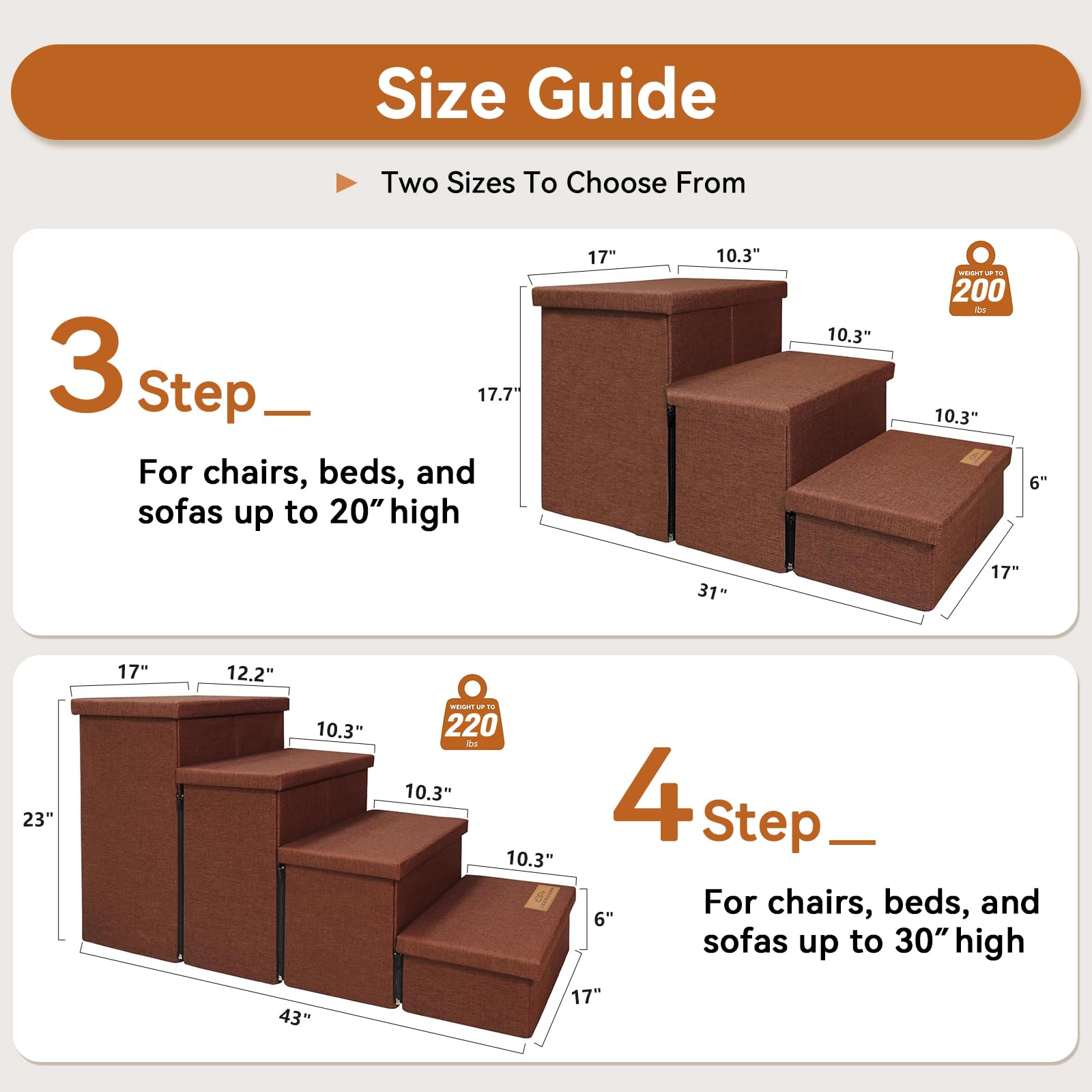 Zerbuger Dog Stairs with Storage 18  H, 3-Step Wider Dog Steps for Small/Medium/Large Old Dogs Cats, Folding Sturdy Pet Stairs C