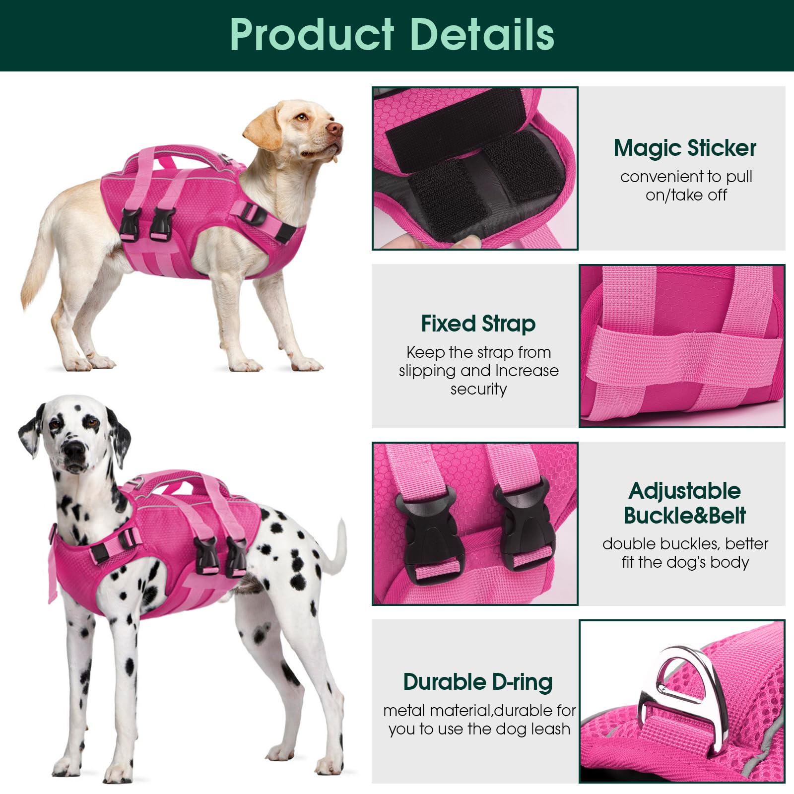 Kuoser Dog Life Jacket High Flotation, Reflective Dogs Life Vest for Swimming Boating, Adjustable Small Medium Large Dog lifejac