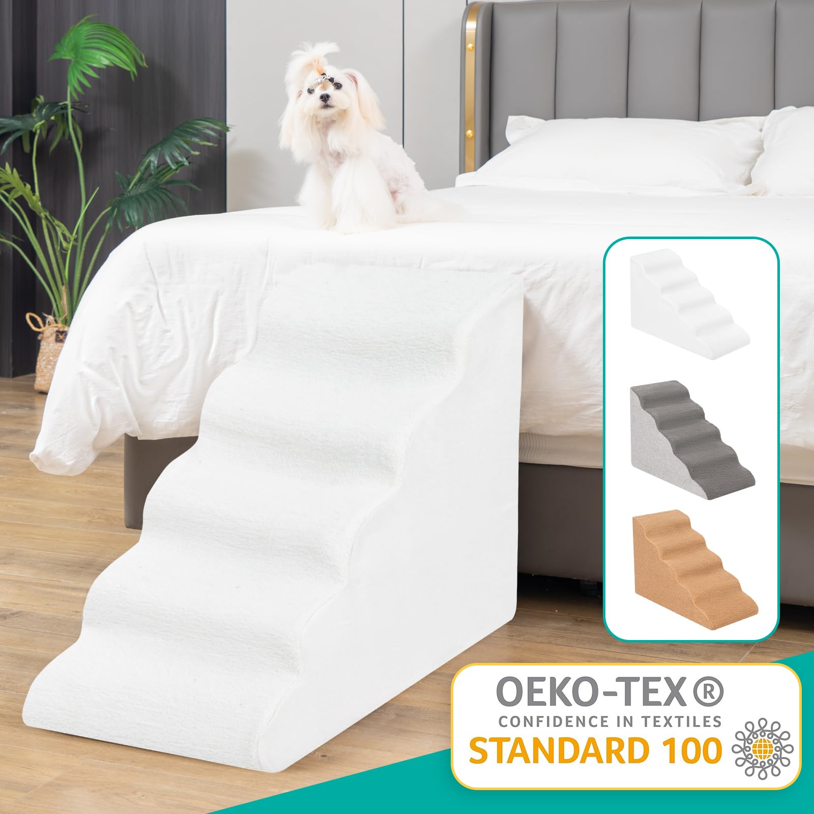 Uross Doggy Stairs For Small Dogs & Cats, High Density Foam Pet Steps Stairs W/ 5 Tiers For High Bed/Couch (Beige)