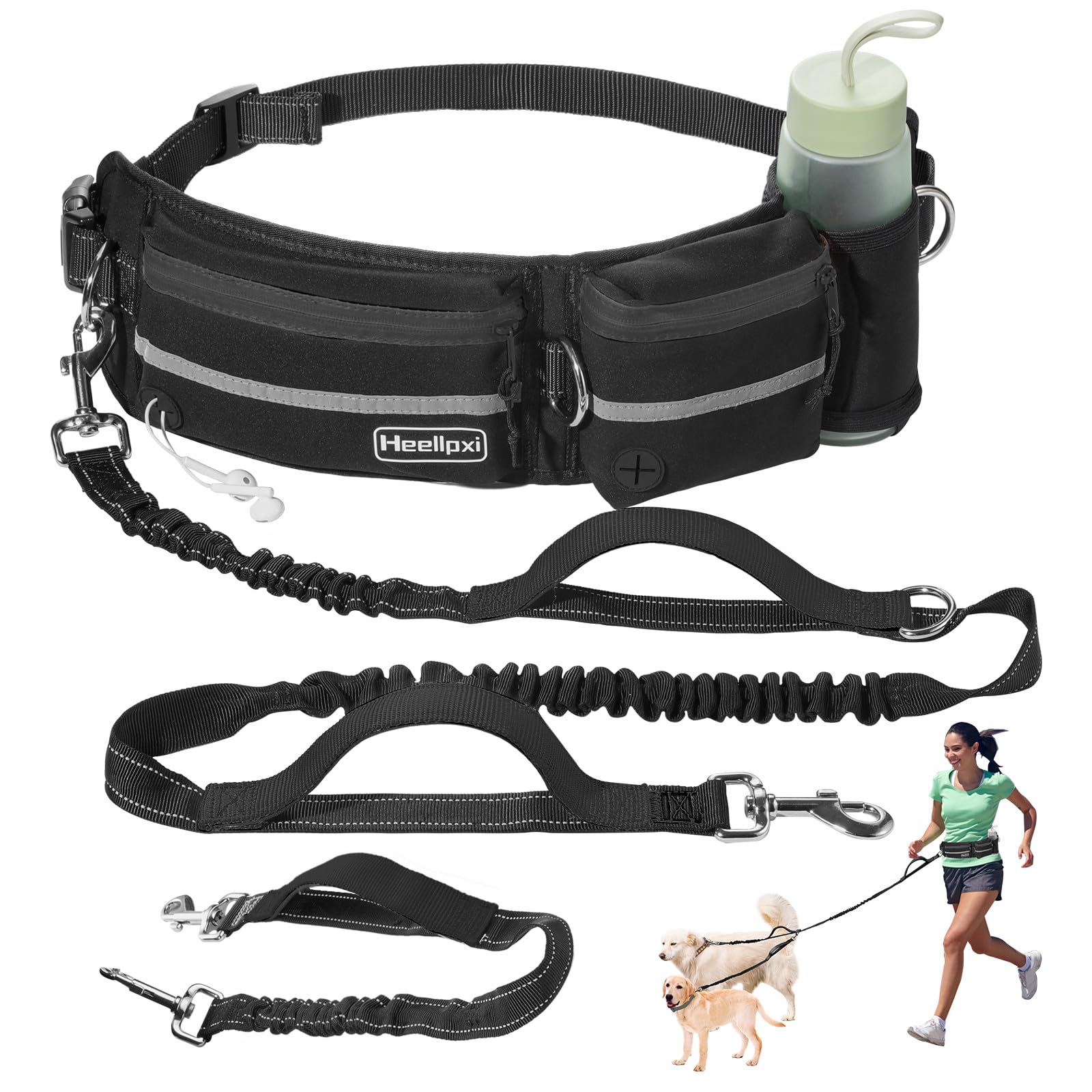 Heellpxi Hands-Free Dog Leash With Pouch, Waist Attachment For Walking Two Dogs, Reflective Stitching, Dual Handle, Bungee Retra