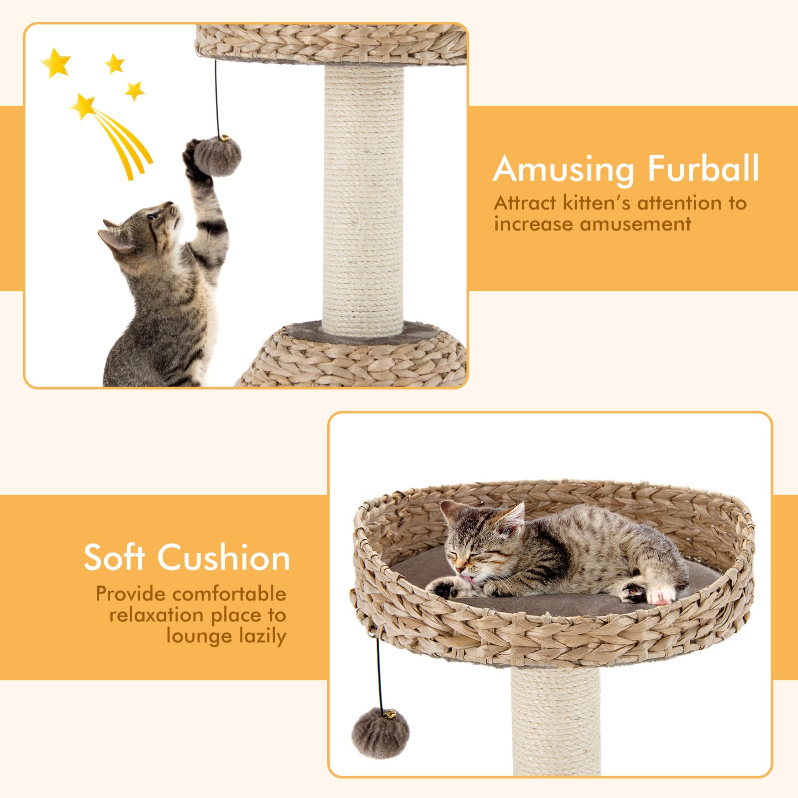 Petsite Modern Cat Tree Tower, Paper Rope Natural Bowl Shaped With Perch, Scratching Post, Rattan Cat Activity Tree For Kittens,