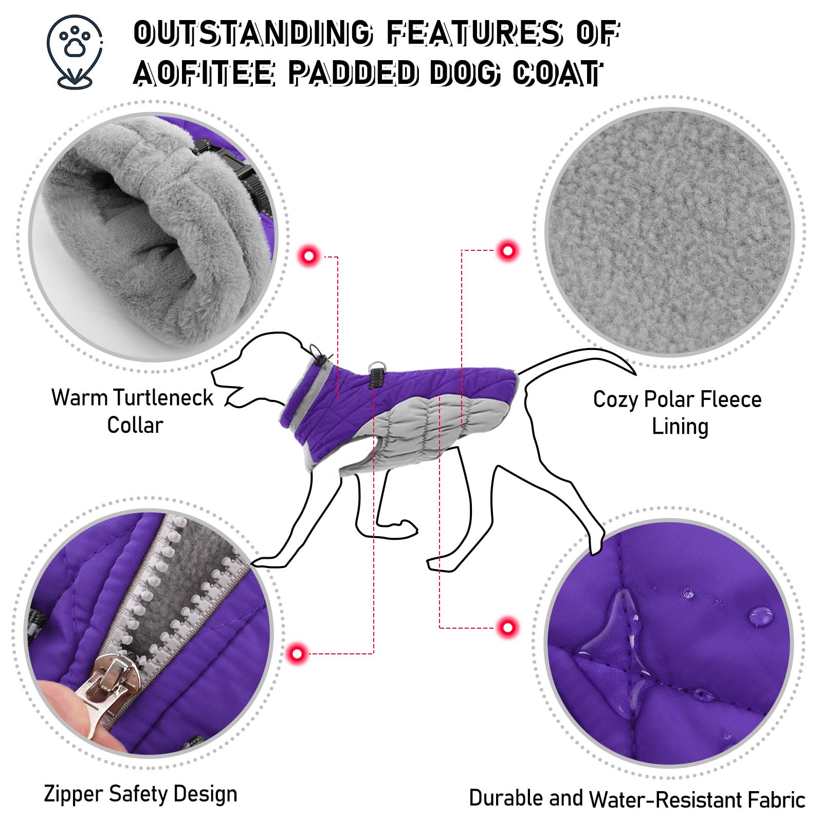 Aofitee Winter Dog Coat Warm Fleece Dog Jacket For Cold Weather, Reflective Zip Up Puppy Dog Sport Vest With Leash Rings, Outdoor Pet Sweater Apparel Clothes For Small Medium Large Dogs, Purple Xs
