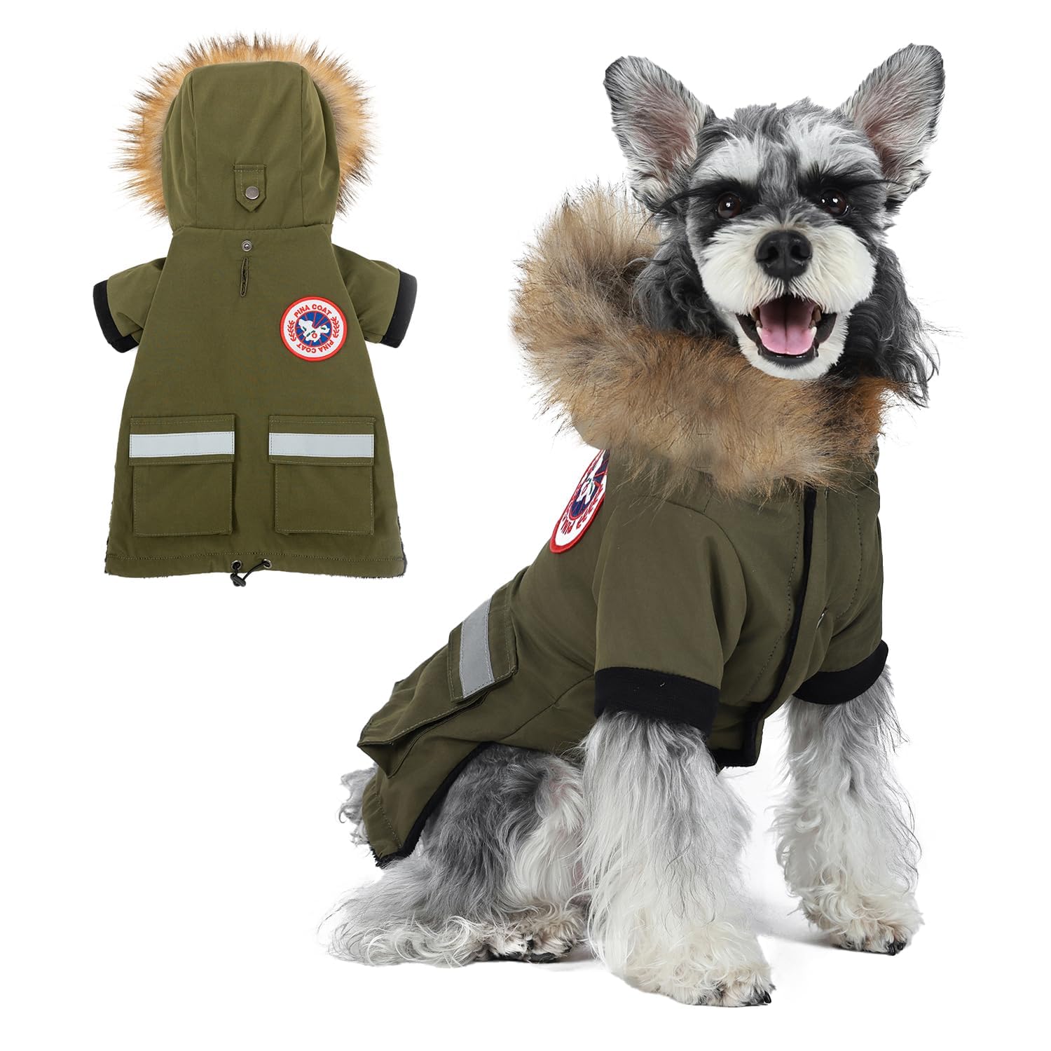 PINA Small Dog Coats - Waterproof & Windproof, Reflective Dog Jacket with Pocket, Warm Flannel Lining & Faux Fur Hood for Cold W