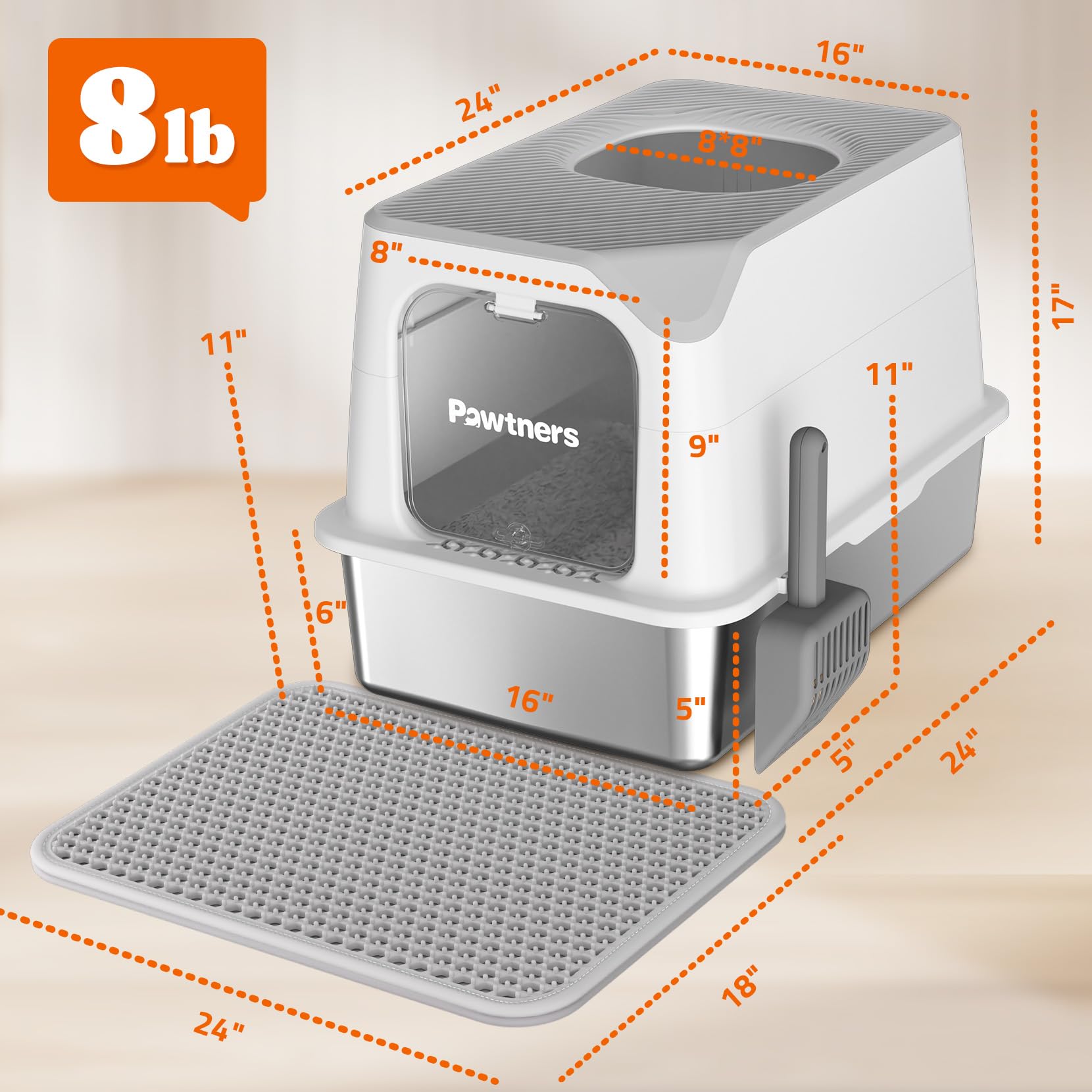 Pawtners Stainless Steel Cat Litter Box, Xl Extra Large Kitty Litter Pan, Front Entry Top Exit Enclosed Metal Cat Toilet For Odo