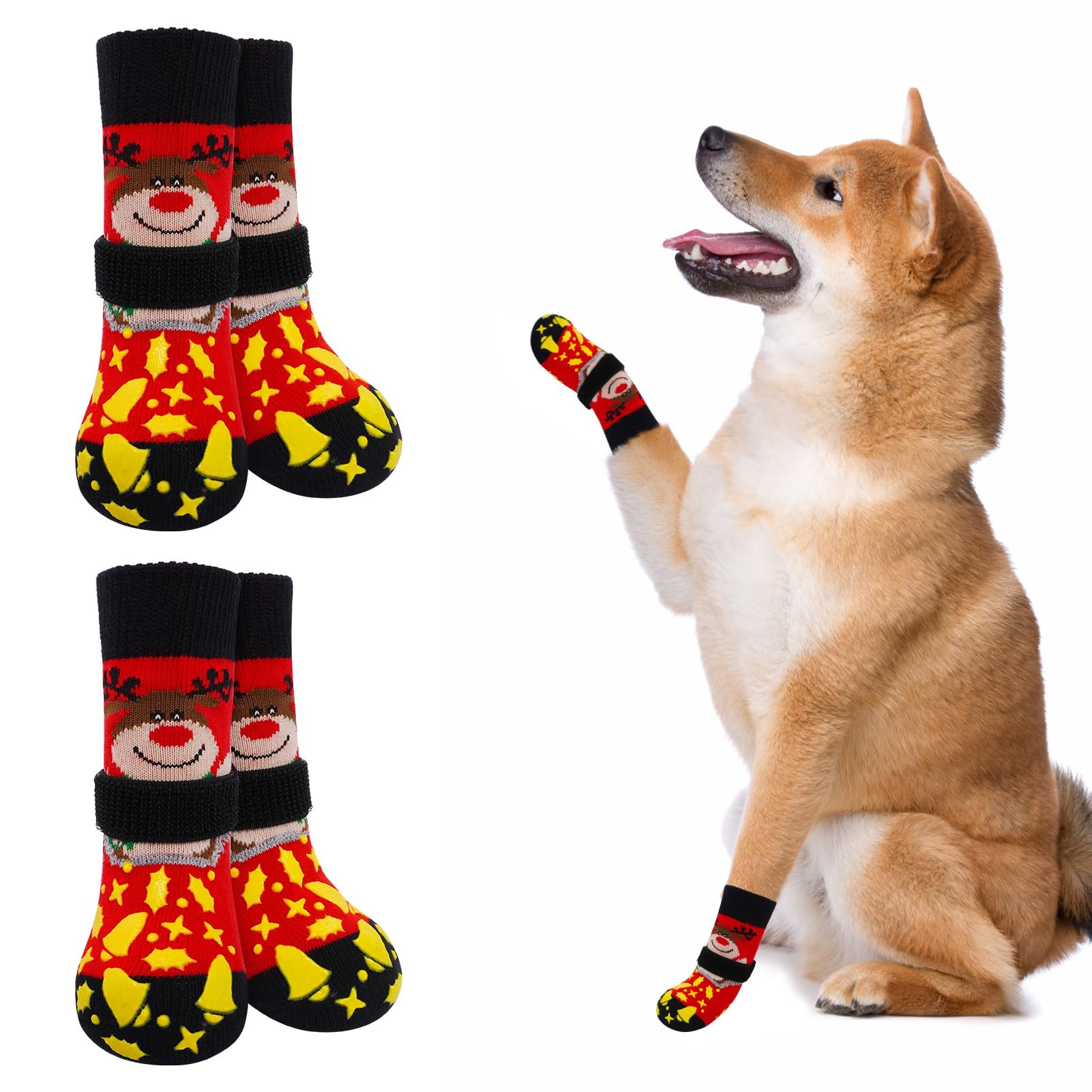 Beautyzoo Christmas Dog Socks To Prevent Licking Paws, Hardwood Floors Anti Slip, Non Slip Dog Socks With Grippers Dog Paw Prote