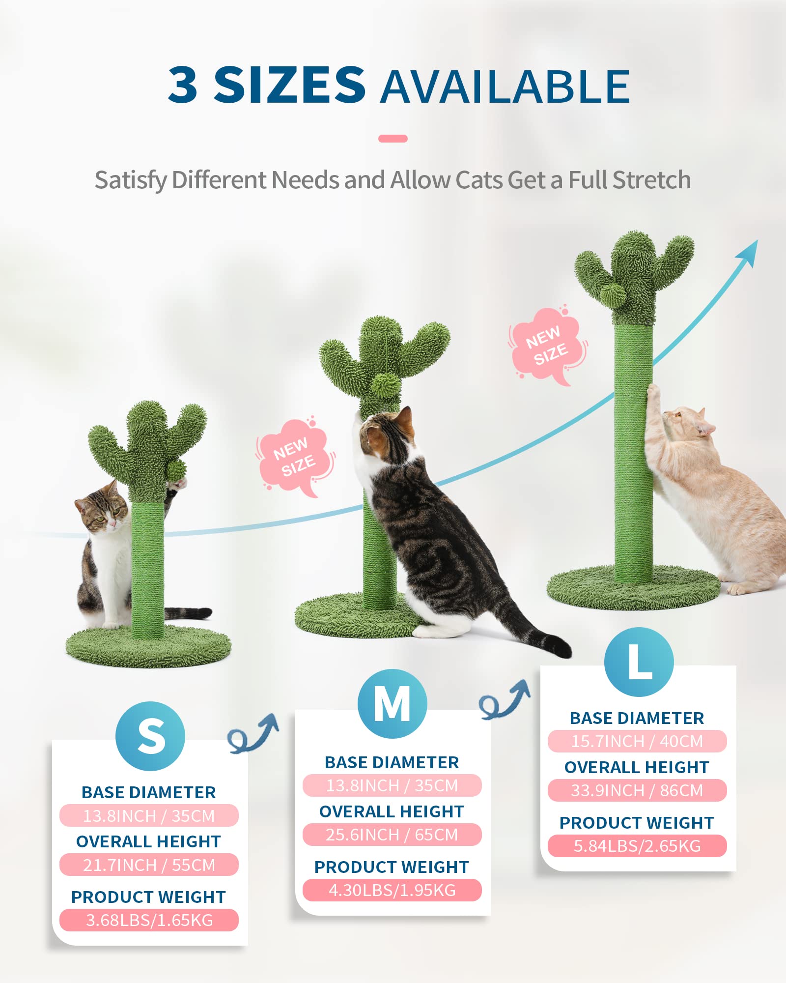 Made4Pets Cat Scratching Post, Cactus Cat Scratcher Kitten Scratch Post With Sisal Rope For Indoor Cats Claw Scratcher, Vertical Green Cat Tree With Dangling Ball For Kitties, Large-34 Inches