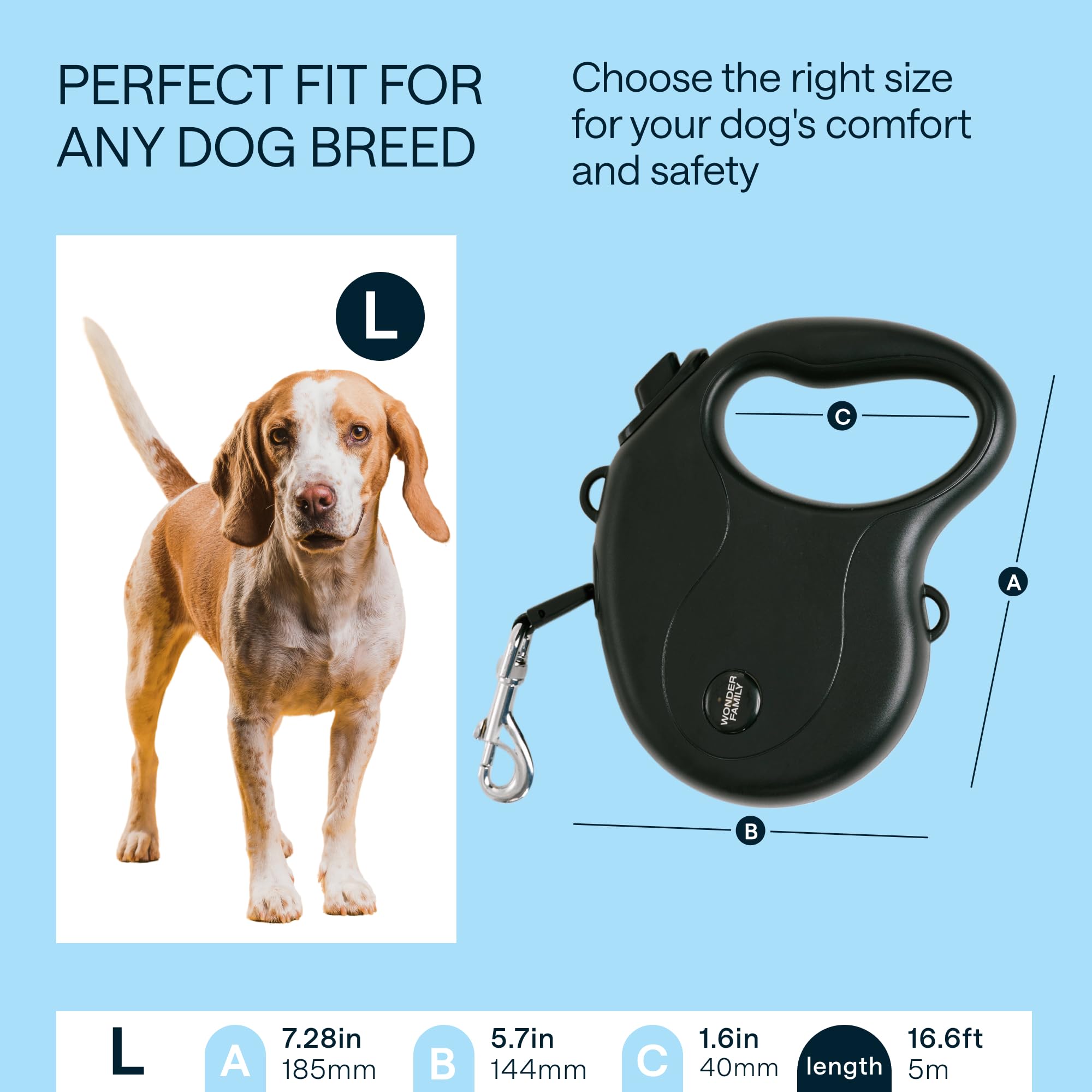 Long Retractable Dog Leash For Large Dogs Up To 110 Lbs, 17 Ft - No Free, Strong Nylon Tape, Heavy Duty, One-Handed Brake, Pause