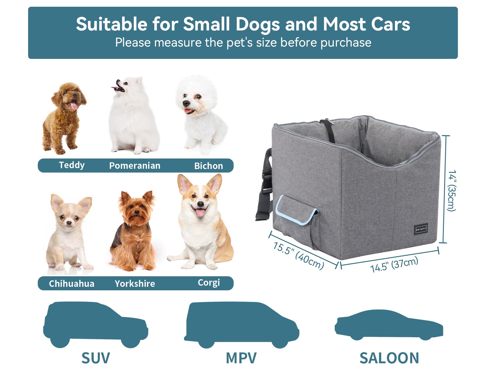 Petsfit Small Dog Car Seat, Pet Travel Car Booster Seat With Safety Belt, Washable Double-Sided Cushion And Storage Pocket For Small Pet (Small, Light Grey)