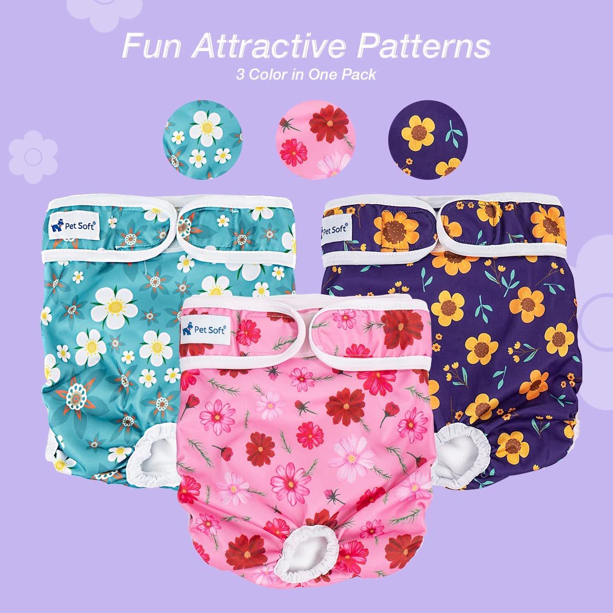 Pet Soft Washable Female Dog Diapers (3 Pack) - Reusable XS Doggy Diapers in Cute Flower for Period Heat