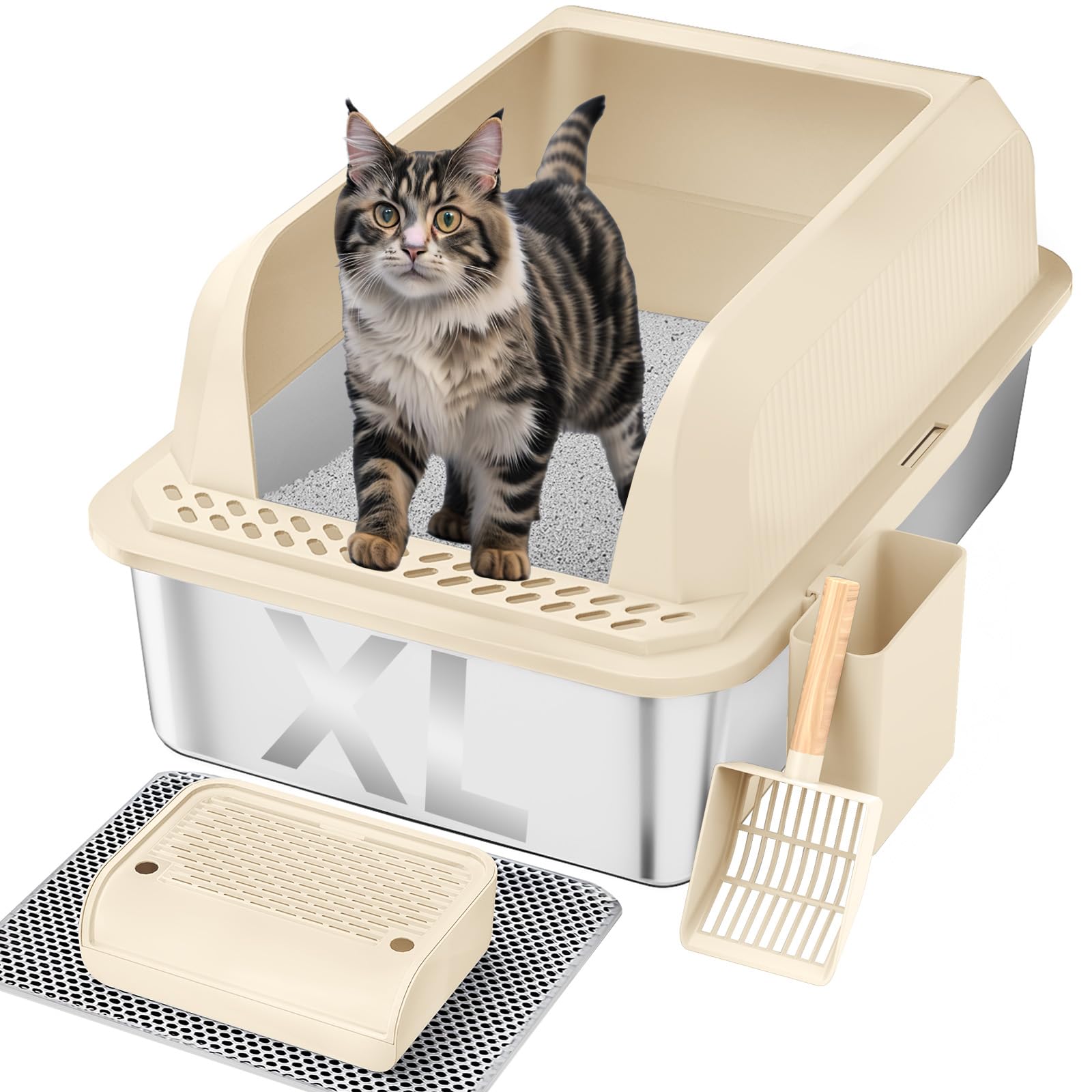 Furkid Stainless Steel Cat Litter Box With Lid, Xl Large Litter Box For Big Cats, Enclosed Kitty Litter Pan With High Sides, Ant