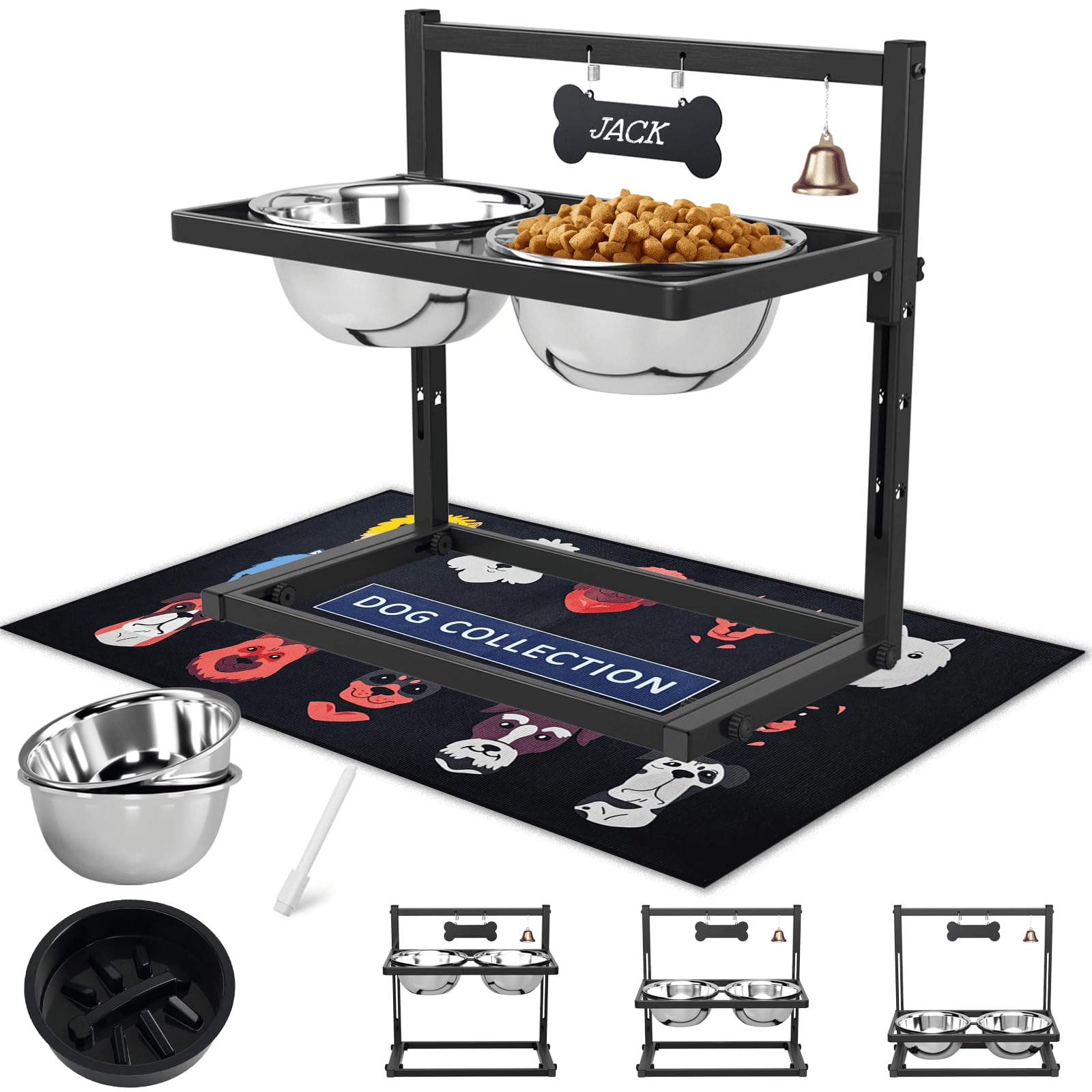 SHAINFUN Elevated Dog Feeder - Raised Bowls Stand with Spill Proof Mat, Adjustable Height, Slow Feeder, Stainless Steel, for Lar