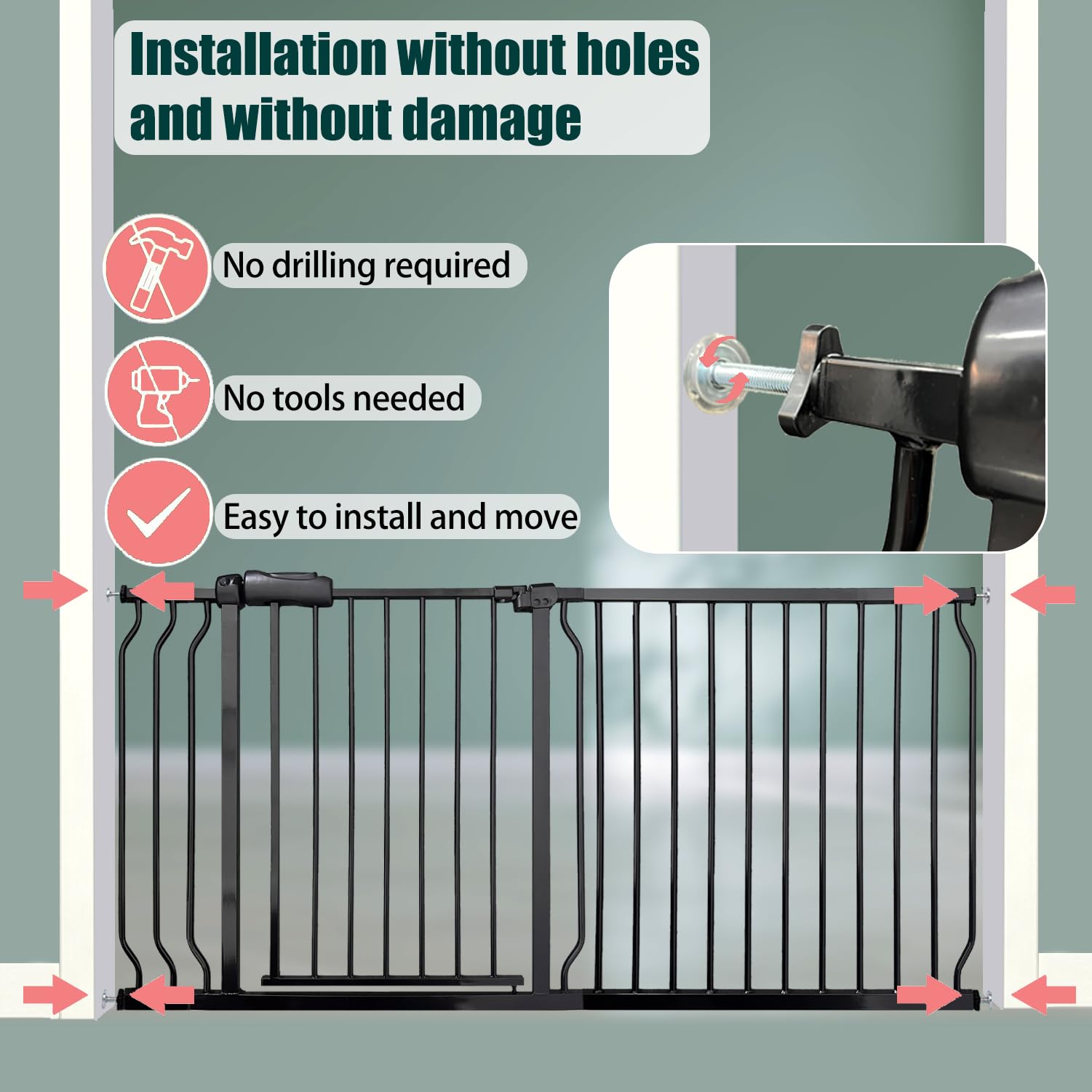 Extra Wide Baby Gate, 57.5-62 Inch - Black Metal, Pressure Mounted Indoor Safety Gate, Walk-Through Dog Gate for Kids & Pets, 30
