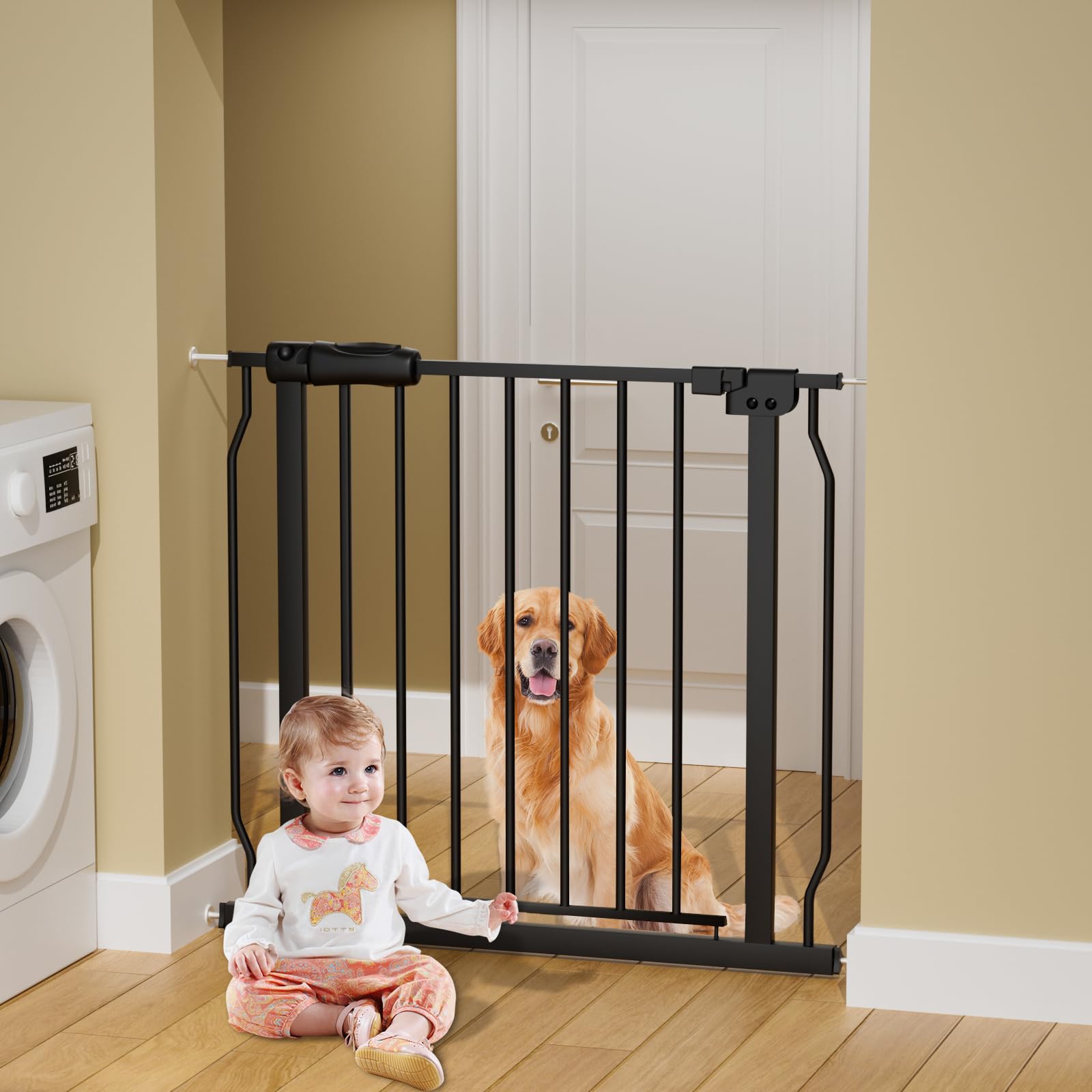 HOOOEN Narrow Baby Gates for Stairs Doorways Auto Close Tension White Metal Child Pet Safety Gates with Pressure Mount 29-34 Inc