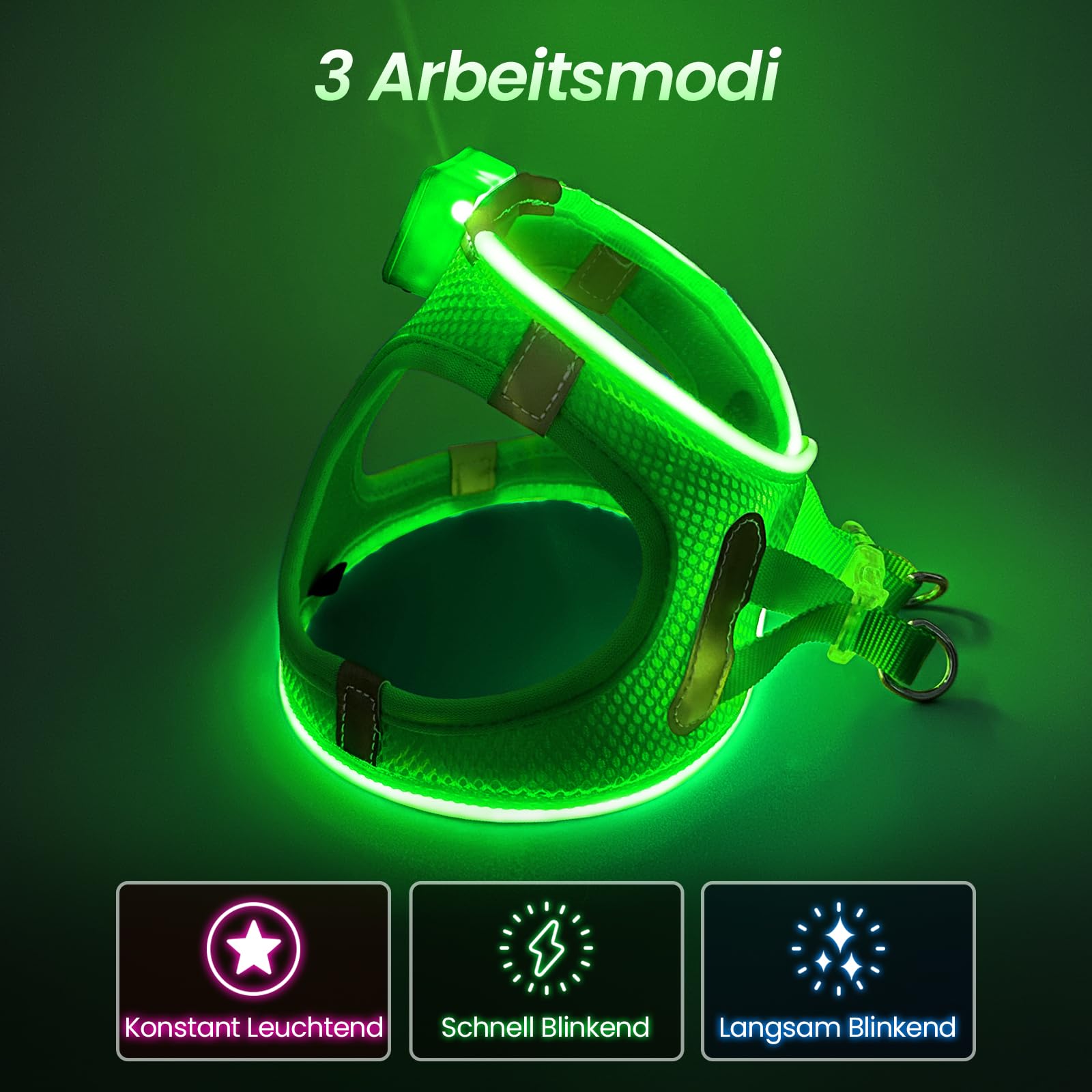 Pceotllar Light Up Dog Harness, Led No Pull Reflective Dog Harness, Flashing Lighted For Night Walking - Small/Medium, (Green L)