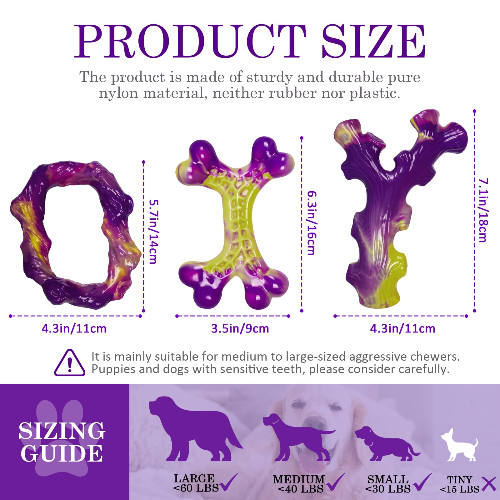 Frienhund 6-Pack Dog Toys for Aggressive Chewers, Nylon, Large Breed, Christmas & Purple