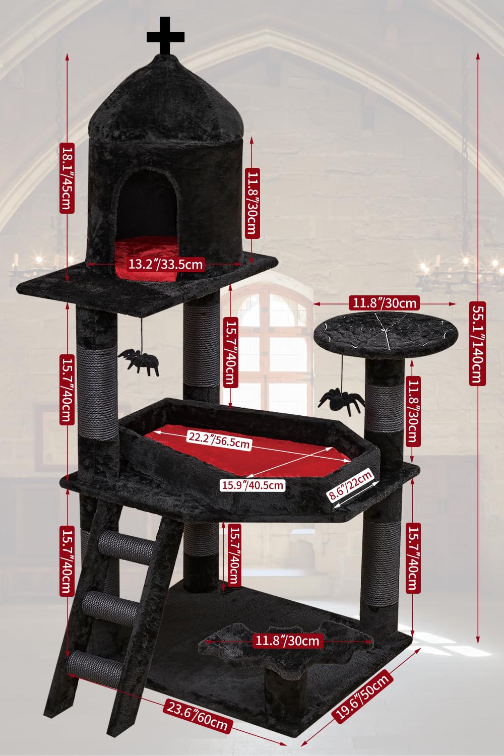 Yaruomy Gothic Cat Tree With Coffin Bed,55' Cat Tower With Spacious Cat Condo,Scratching Posts,Spider Hanging Ball,Multi-Level Cat Activities Furniture For Large Cats, Black Halloween