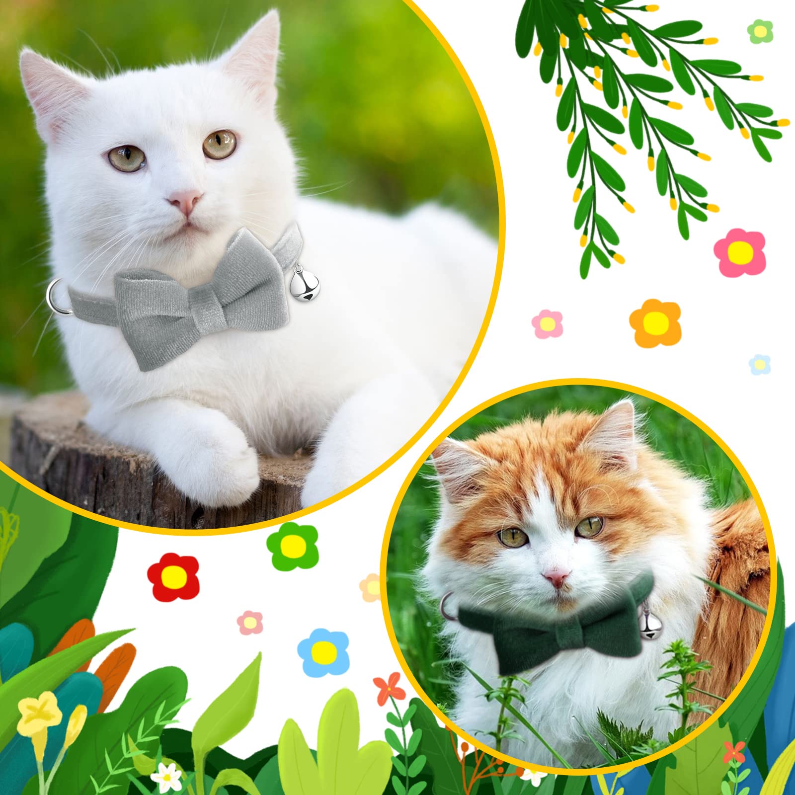 Weewooday 4-Piece Cat Bow Tie Collar Set - Velvet Breakaway with Bell, Comfortable & Safe for Kittens & Puppies, Medium, Black/Gray/Green/Blue