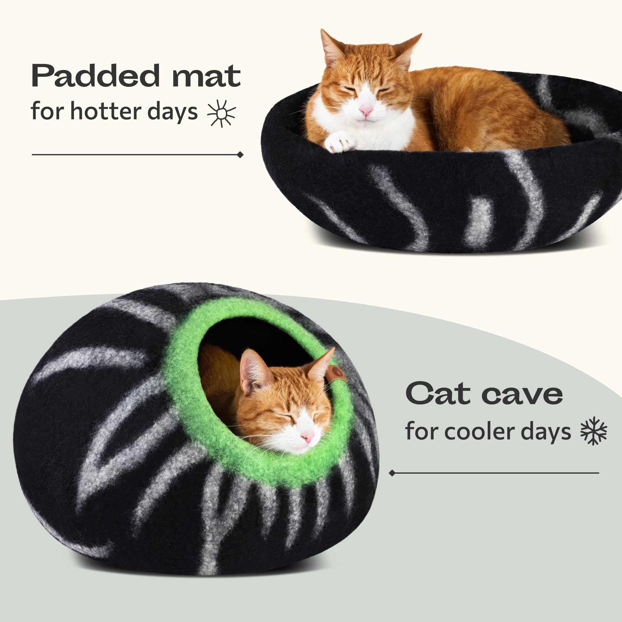 Meowfia Cat Cave - Premium Felt Cat Bed For Indoor Cats, Handmade 100% Merino Wool (Vivid Shades) (Large, Shining Tiger)